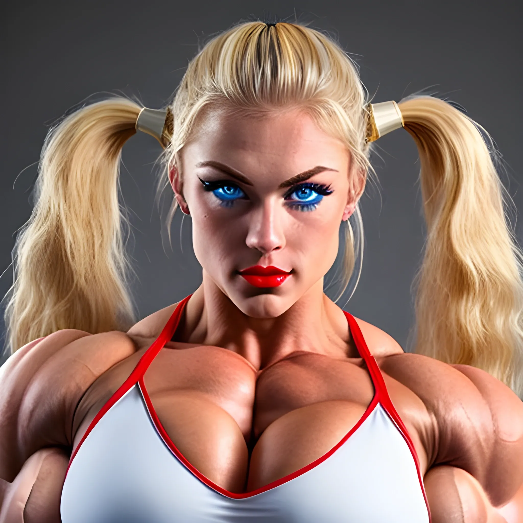 20 year old hyper-muscled female bodybuilder with 25 inch biceps, massive cleavage, blonde ponytail, deep blue eyes, red lips, long eyelashes