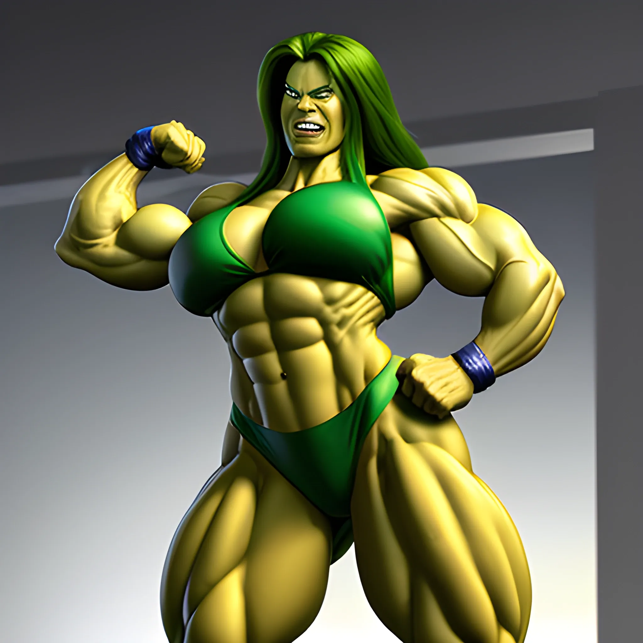 Photorealistic She hulk as a hyper muscled female bodybuilder 