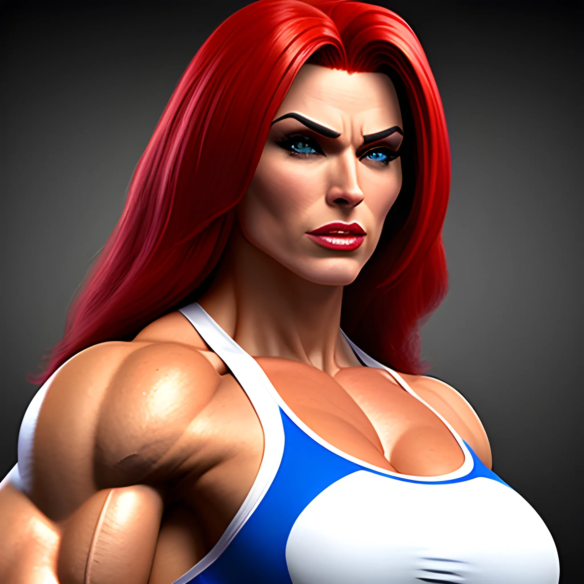 Photorealistic supergirl as a hyper muscled female bodybuilder in supergirl suit