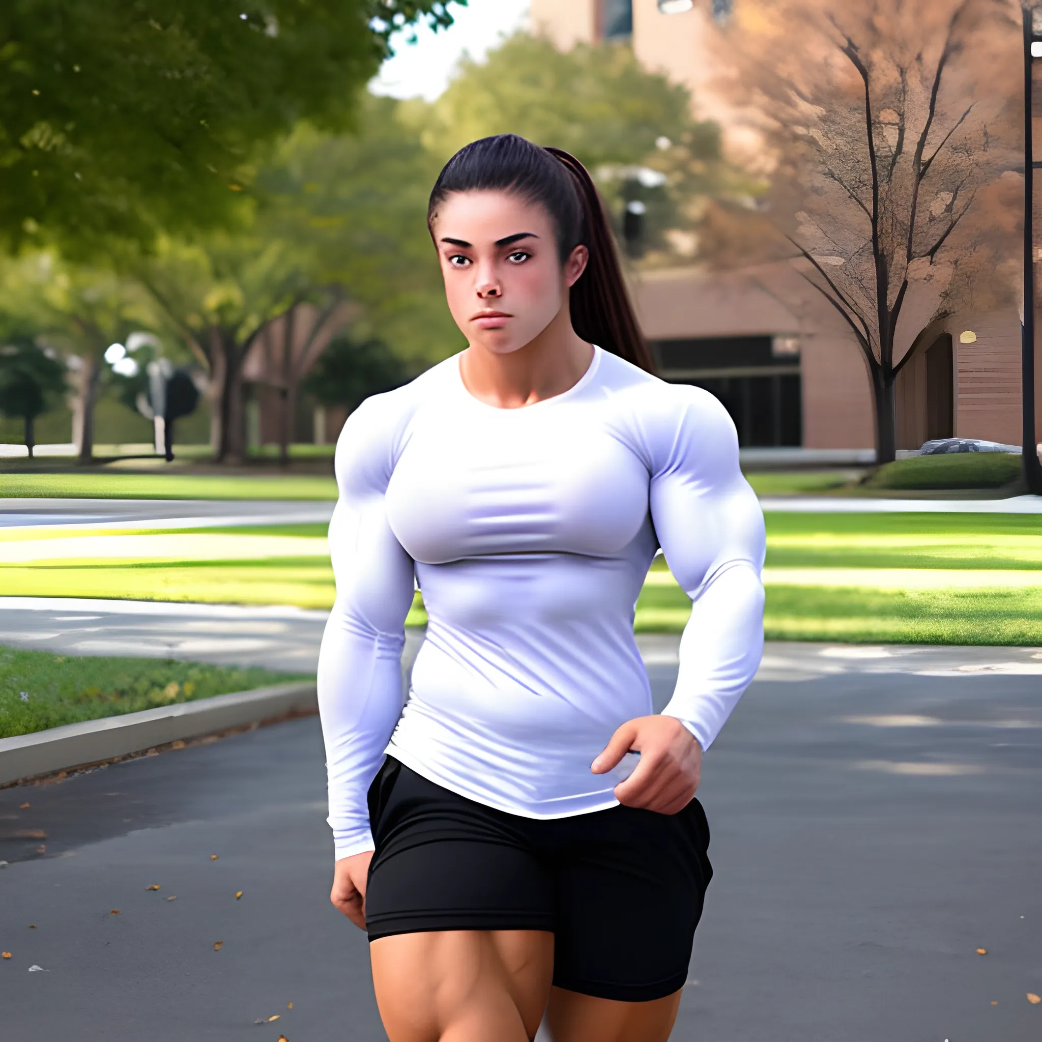 20 year old hyper-muscled female bodybuilder with 25 inch biceps, wearing white long sleeve shirt, muscle worship, walking on college campus