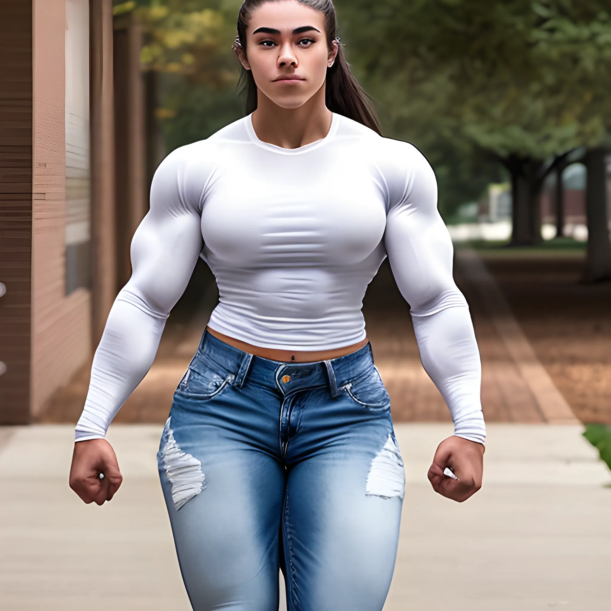 20 year old hyper-muscled female bodybuilder with 25 inch biceps, wearing white long sleeve shirt, wearing jeans, wearing backpack, walking on college campus