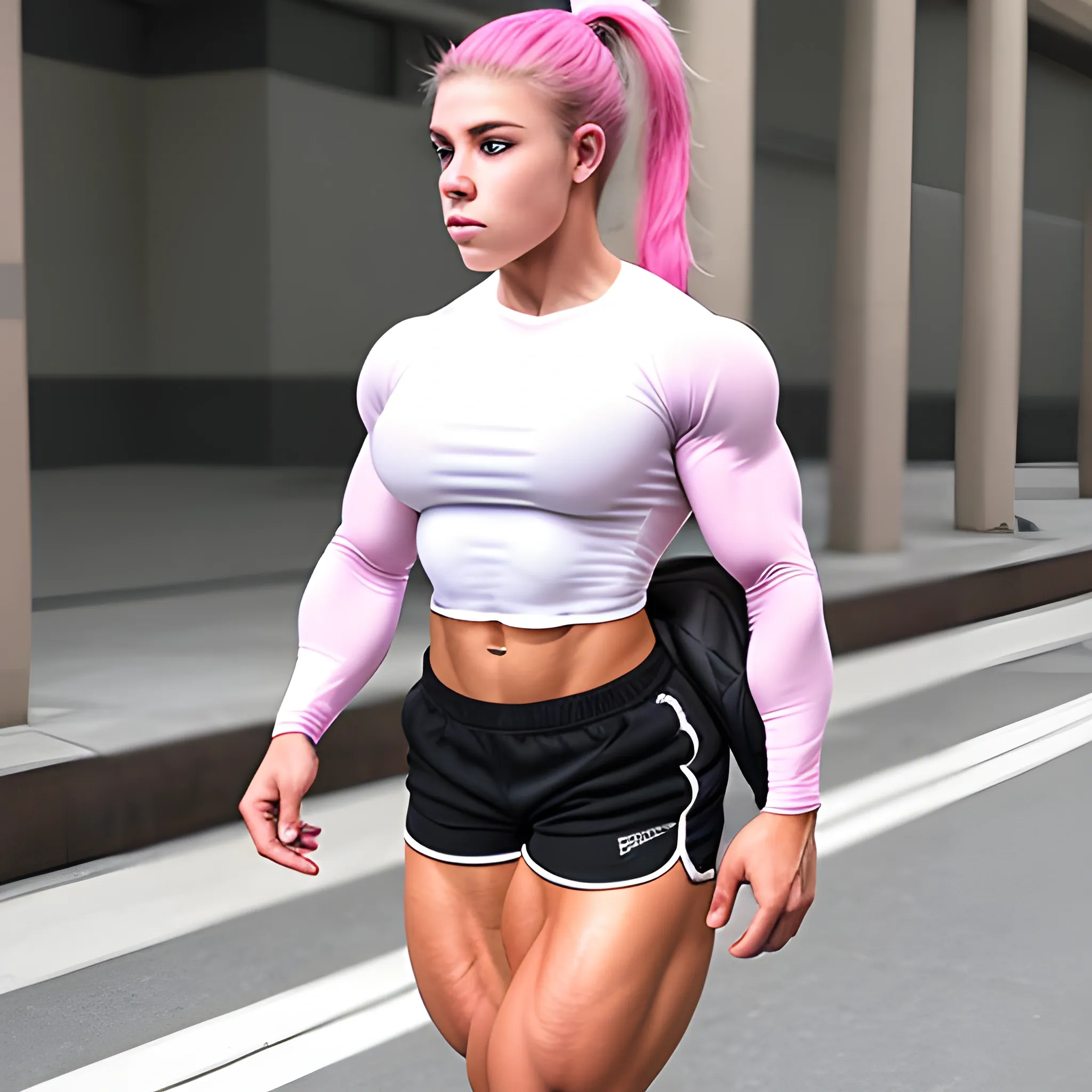 20 year old hyper-muscled female bodybuilder with 25 inch biceps, wearing white long sleeve shirt, wearing tight pink shorts, carrying backpack, walking on street