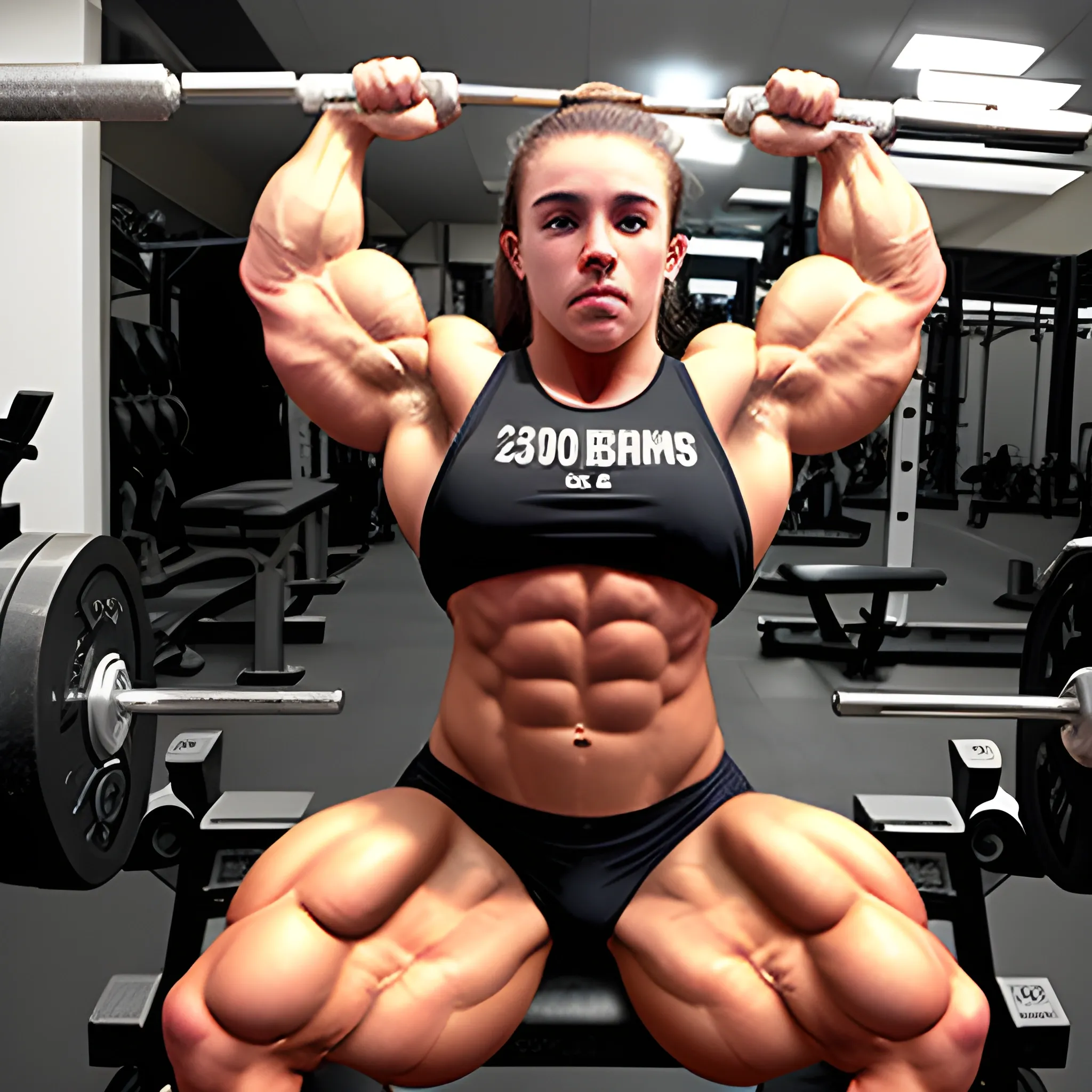 20 year old hyper-muscled female bodybuilder with 25 inch biceps, doing 400 lb bench press 