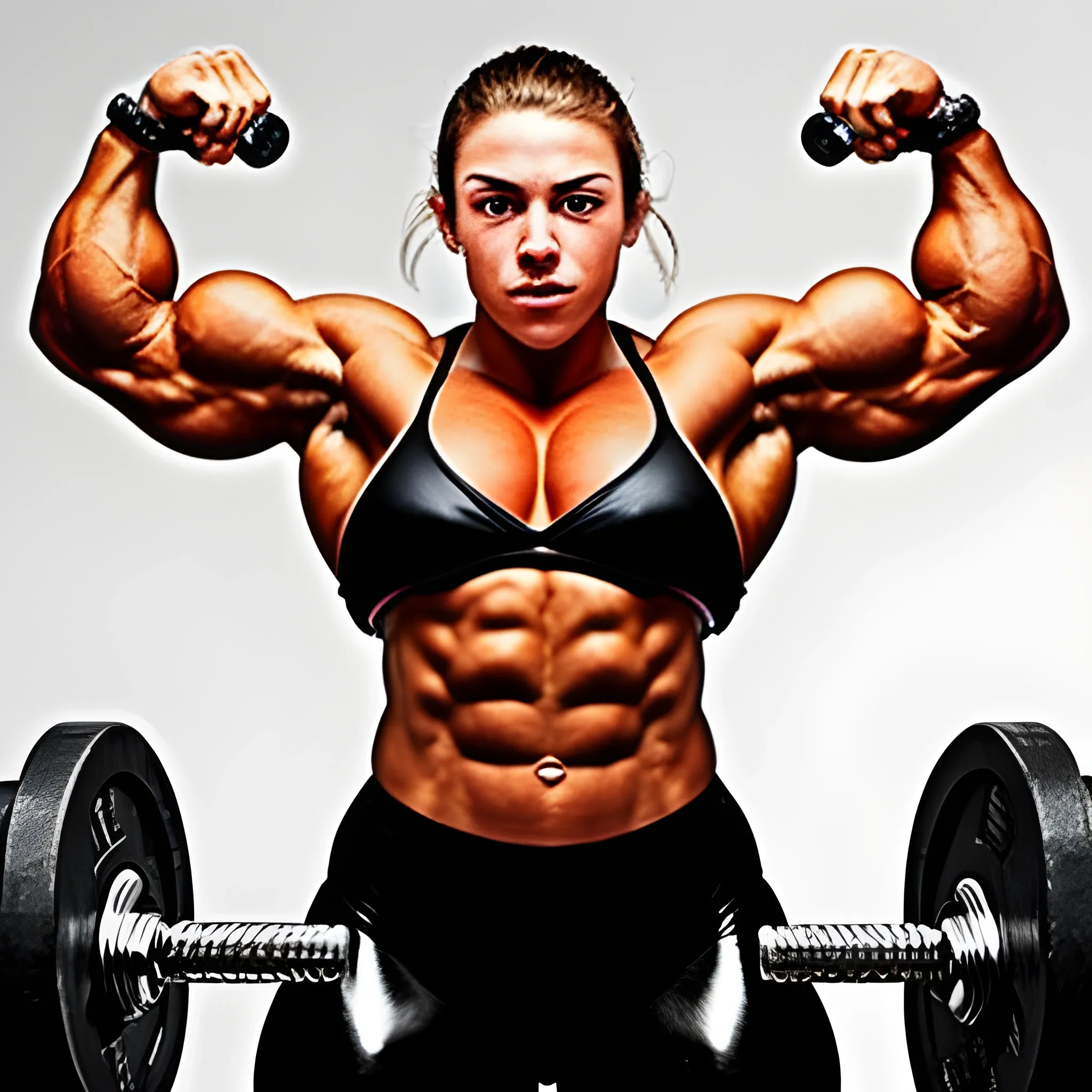 20 year old, hyper-muscled female bodybuilder breaking chain