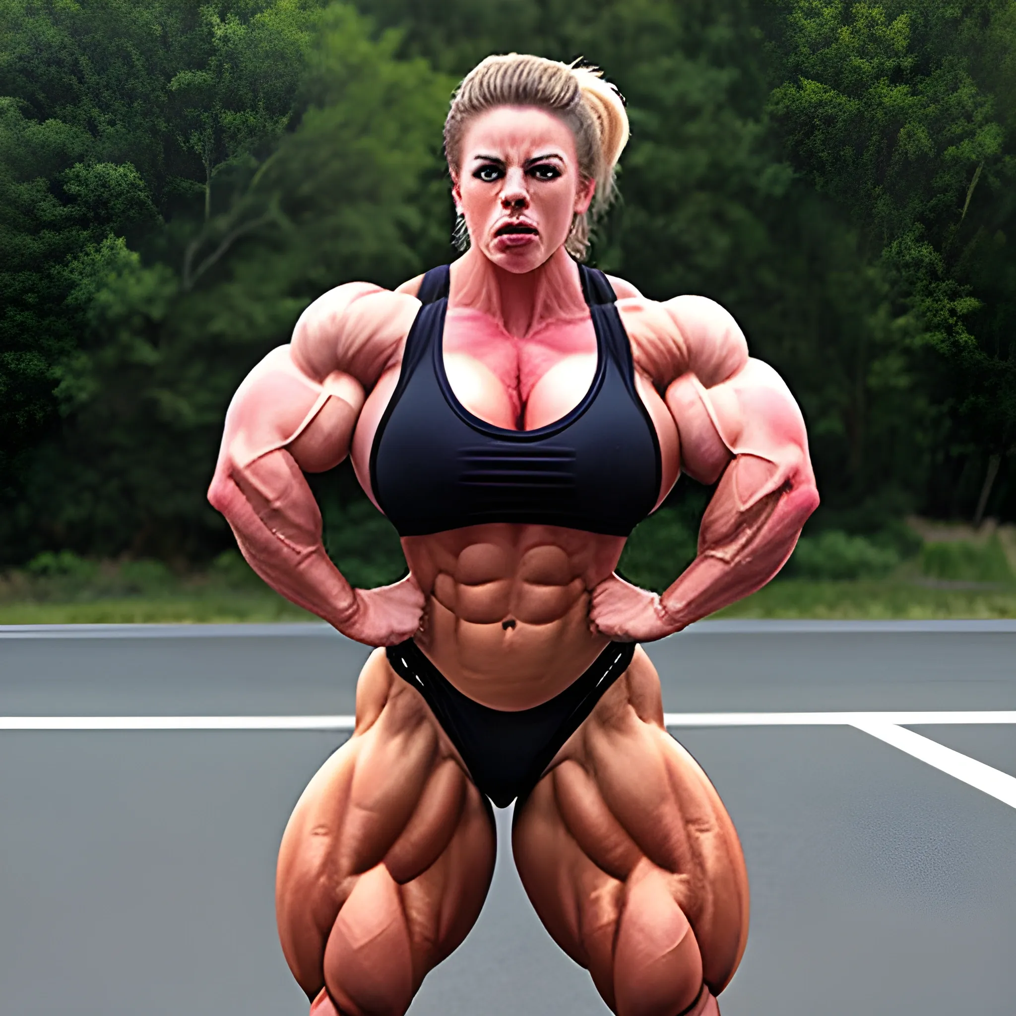 25 year old hyper-muscle woman, female bodybuilder, road rage