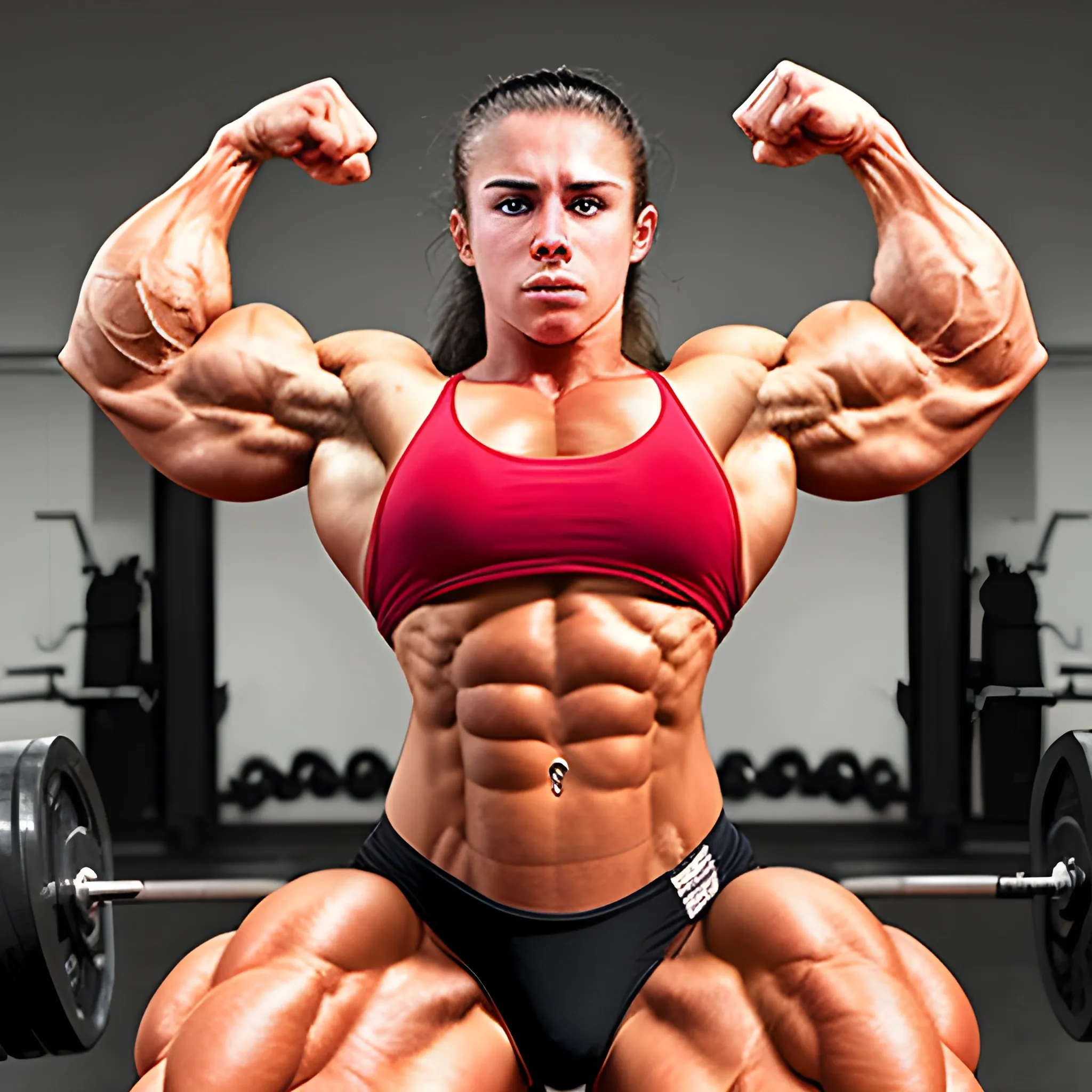 20 year old hyper-muscled female bodybuilder with 25 inch biceps, hyper-vascularity, narrow waist, temper tantrum, out of control 