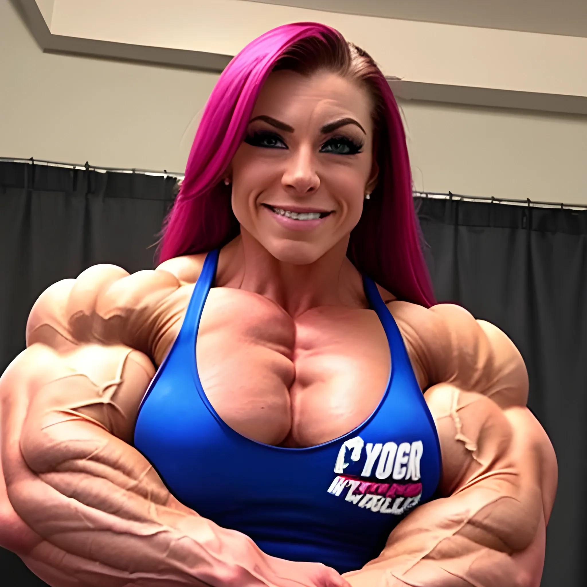 25 year old hyper-muscle woman, female bodybuilder, sexual touching