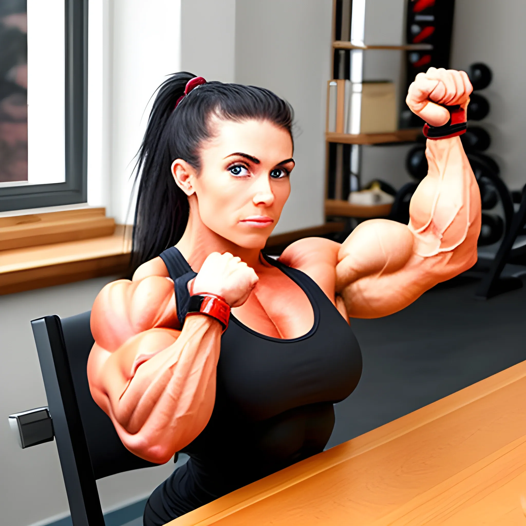 25 year old hyper-muscle woman, female bodybuilder, leaning forward with hands on table