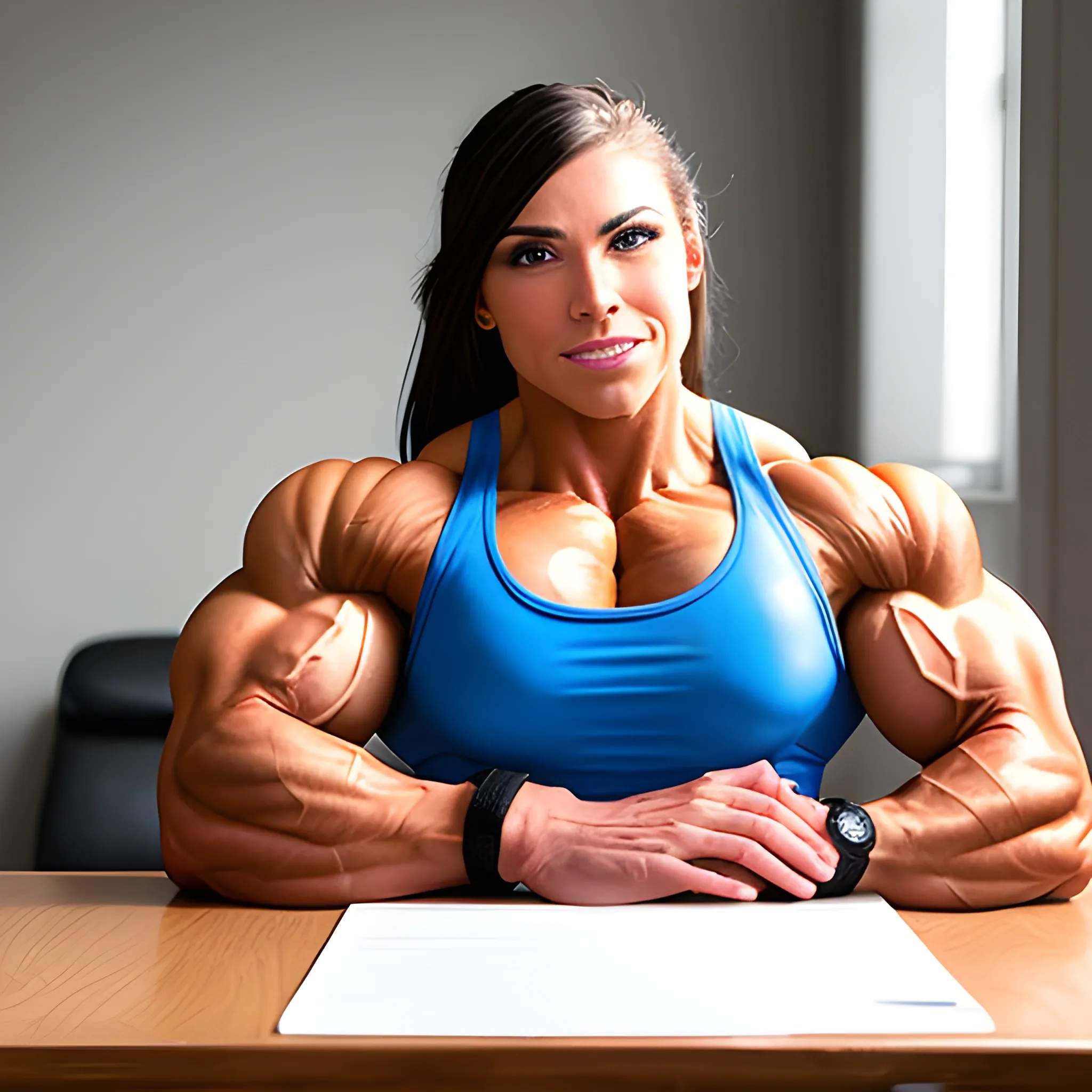 25 year old hyper-muscle woman, female bodybuilder, leaning forward with hands on table