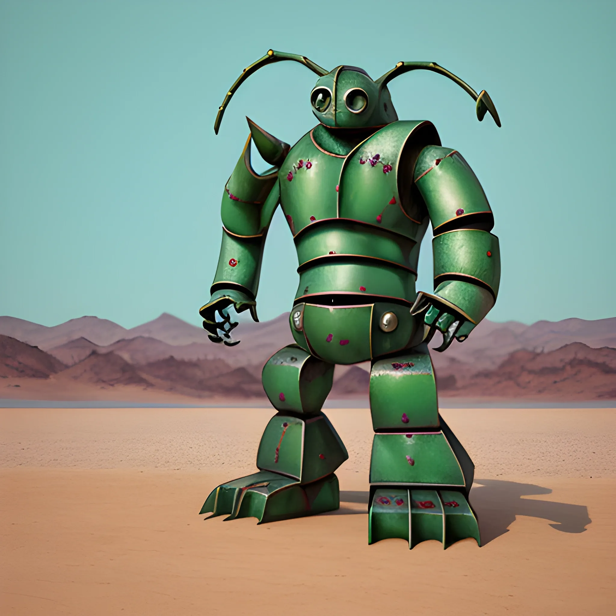 , Cartoon, 3D, Water Color, steel monster, steel element, walks on four legs, green eyes, looking beside it, mo mouth, covered in steel plates, 4k, in a desert