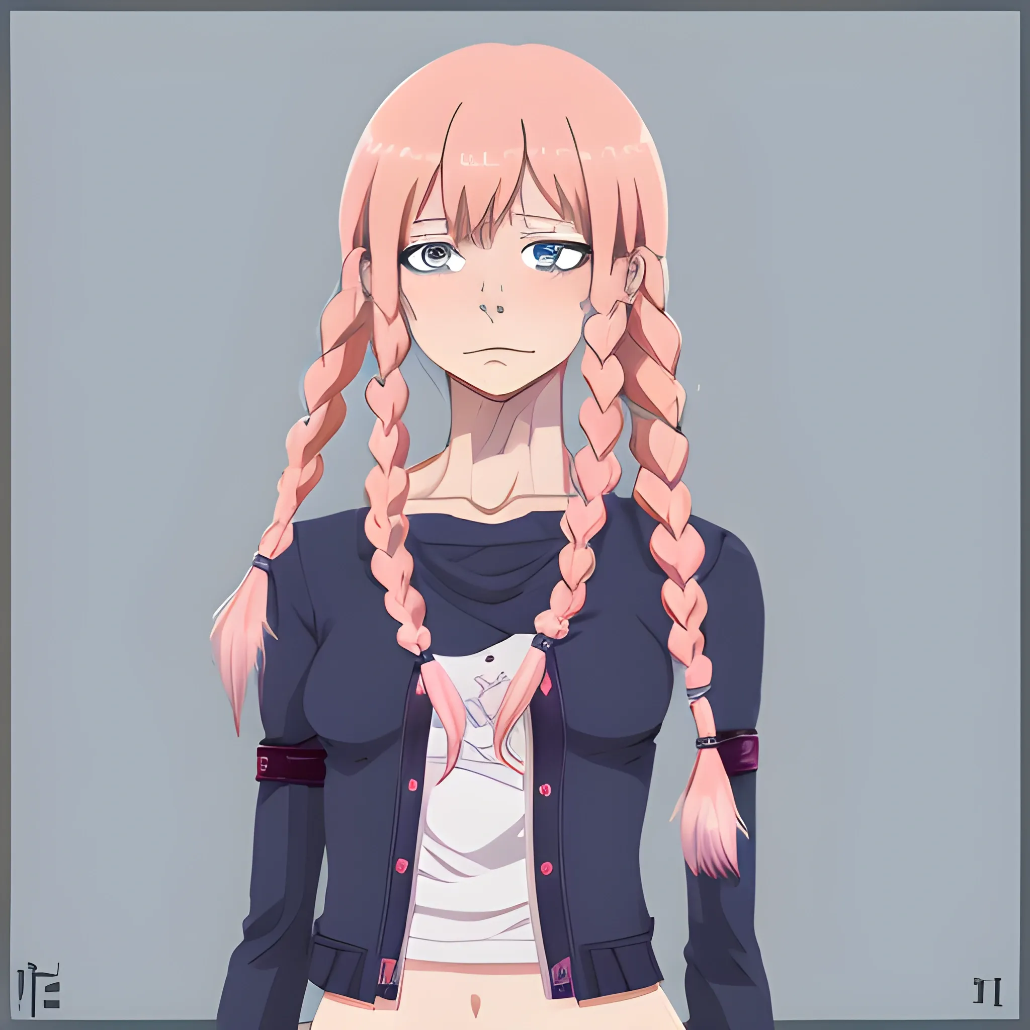 Female, underweight, flat, strawberry blonde jellyfish haircut with longer parts of hair put up in two thin braids and bangs, dark blue eyes, self harm scars on torso and wrists, her clothing style is soft pink coquette but somewhat revealing, in my hero academia anime artstyle 