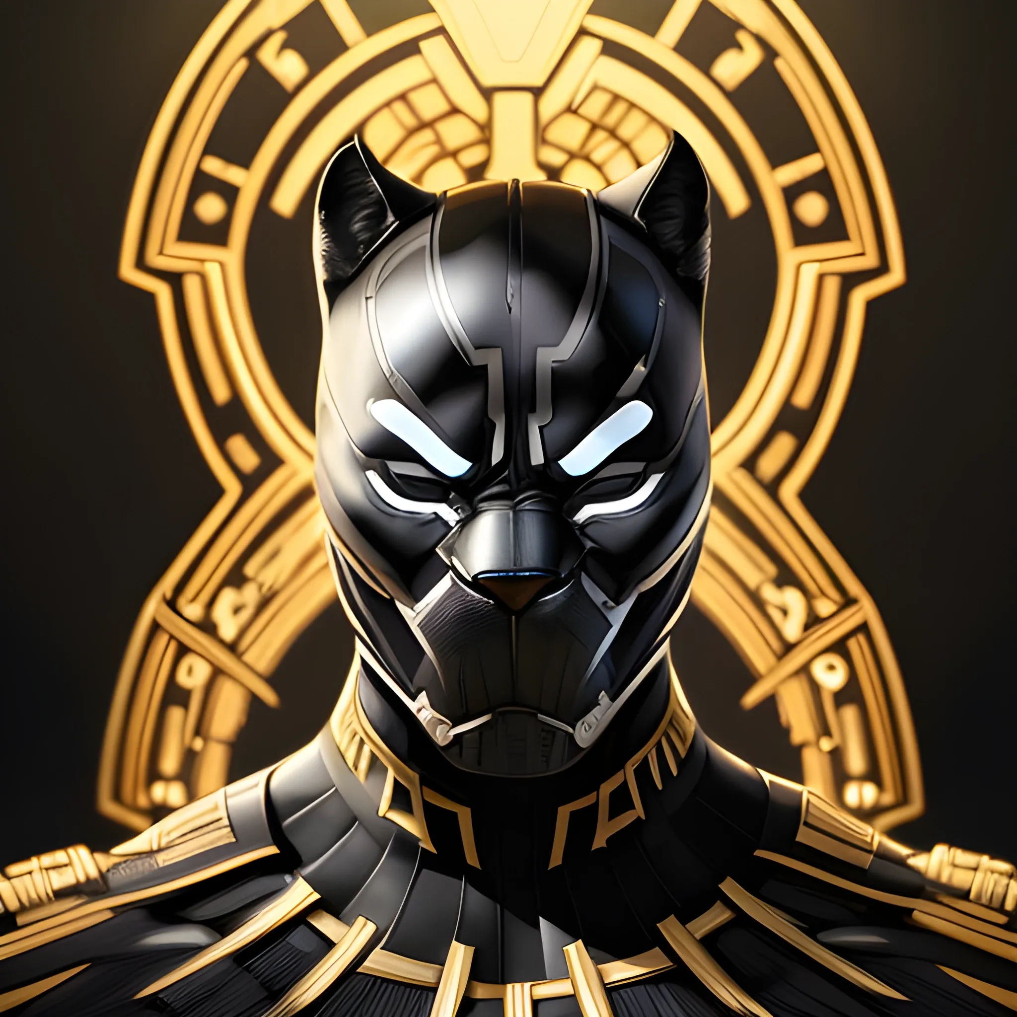  A detailed and intricate digital art piece in a cinematic style, this ultra high resolution portrait of a powerful black panter is a true masterpiece use the golden suit. The beautiful lighting and playful design make it a trend-setter on ArtStation. A true award-winning work., close up

