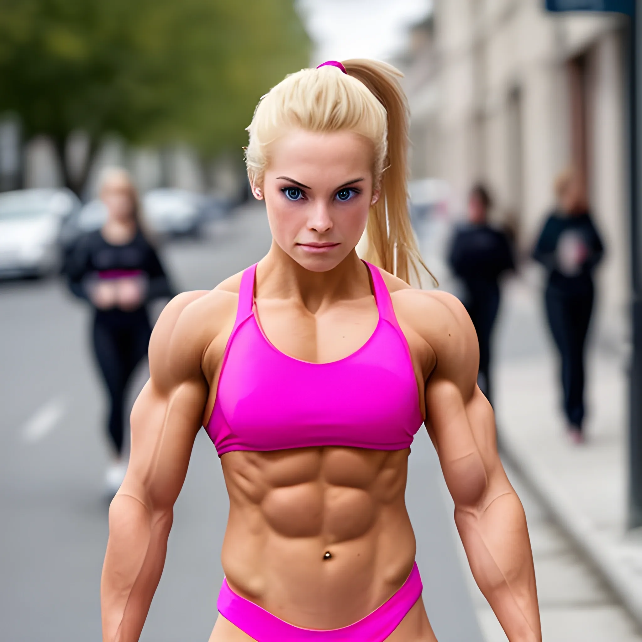 25 year-old,  female figure competitor, with blonde ponytail, walking on street