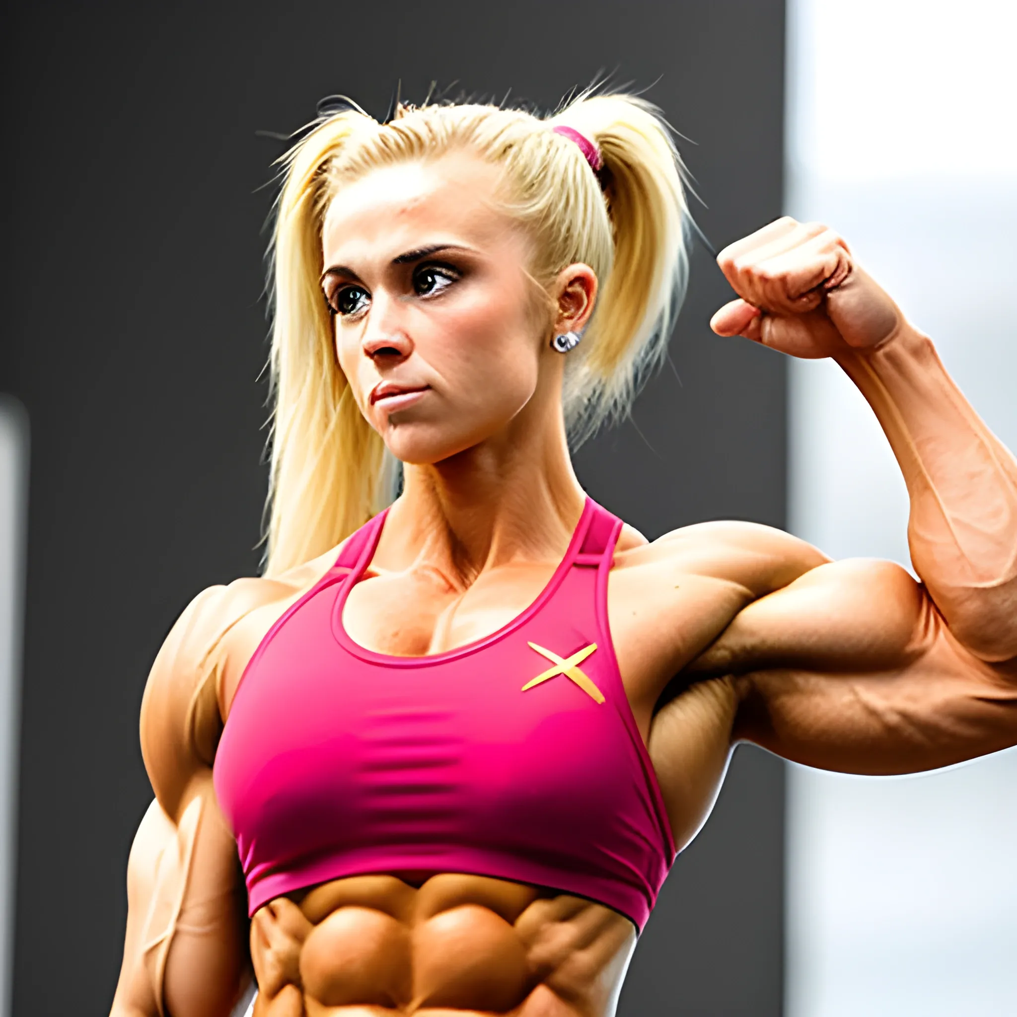 25 year-old,  female figure competitor, with blonde ponytail,  extreme bicep peak