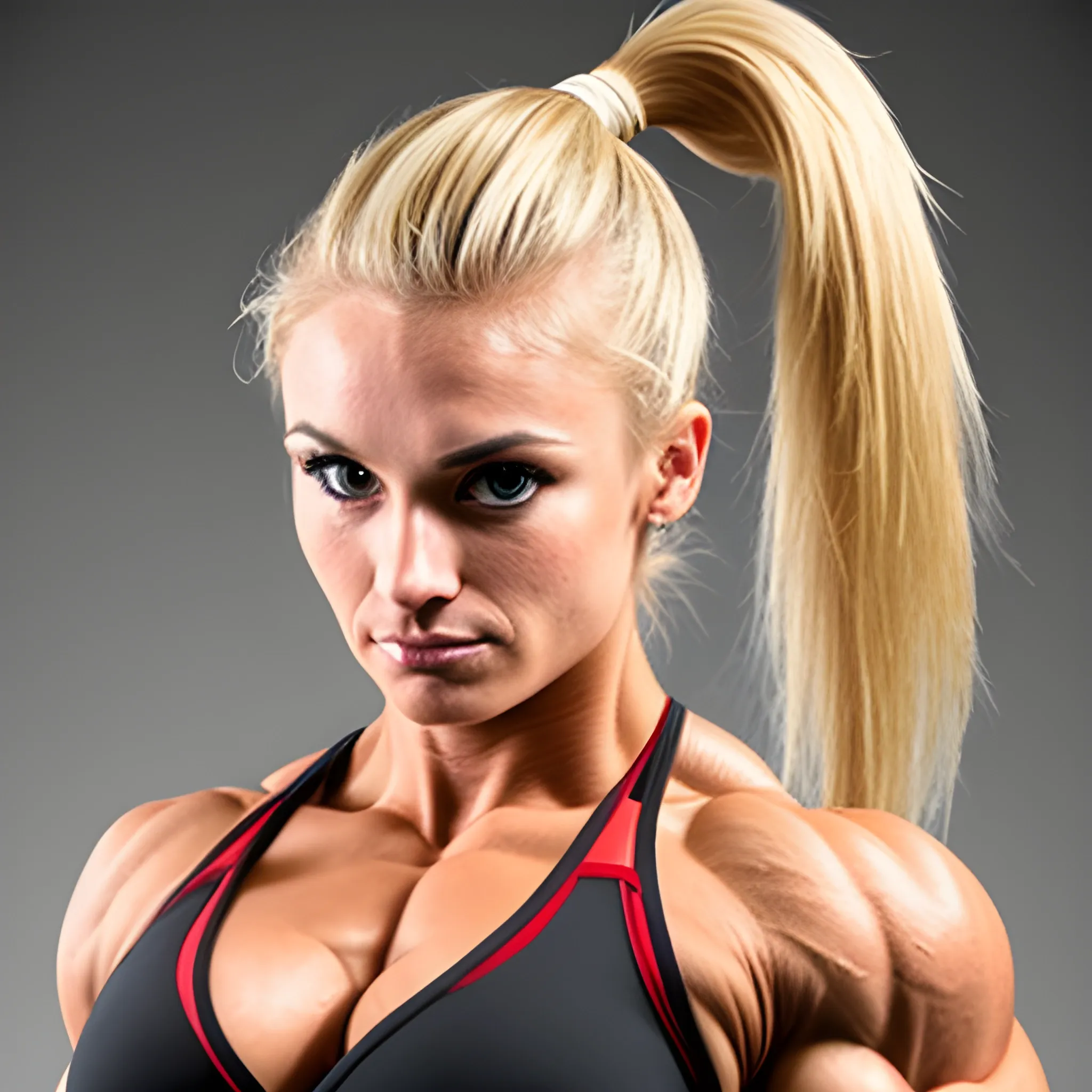 25 year-old,  female figure competitor, with blonde ponytail, cleavage, extreme bicep peak