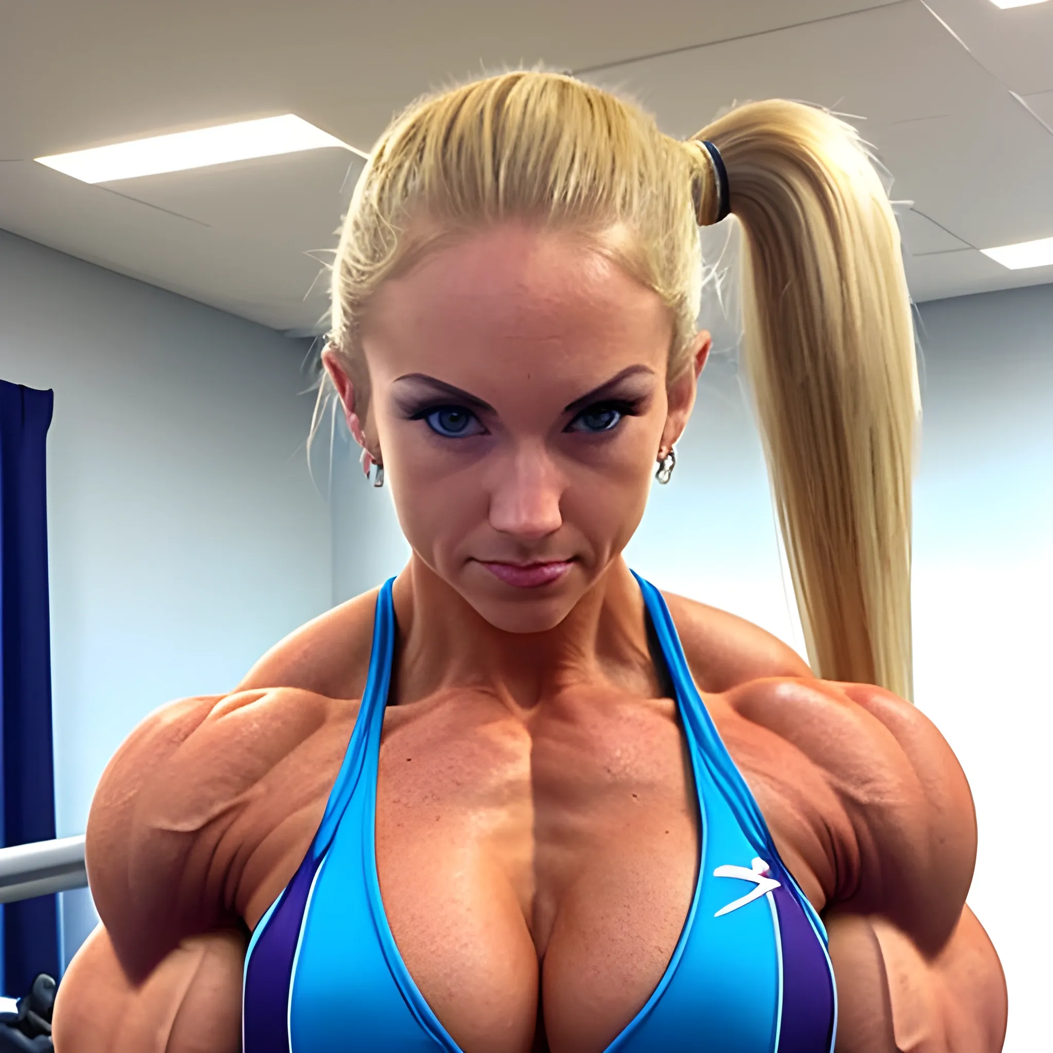 25 year-old,  female figure competitor, with blonde ponytail, large cleavage, extreme bicep peak