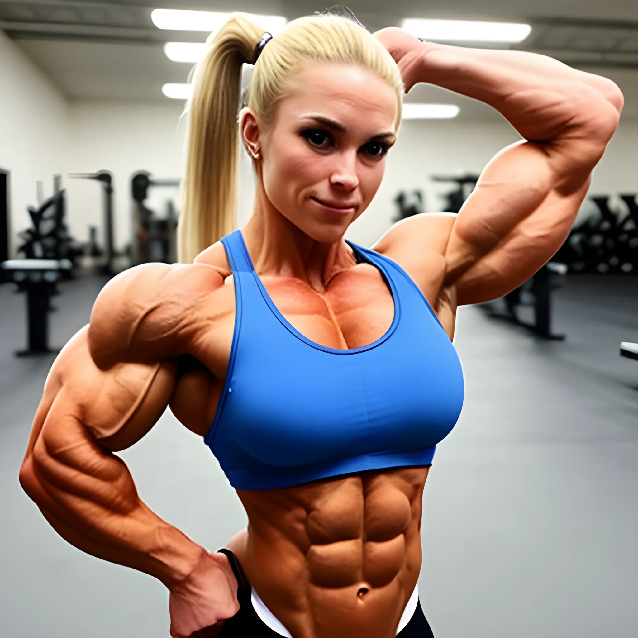 25 year-old,  female figure competitor, with blonde ponytail,  breast implants, extreme bicep peak