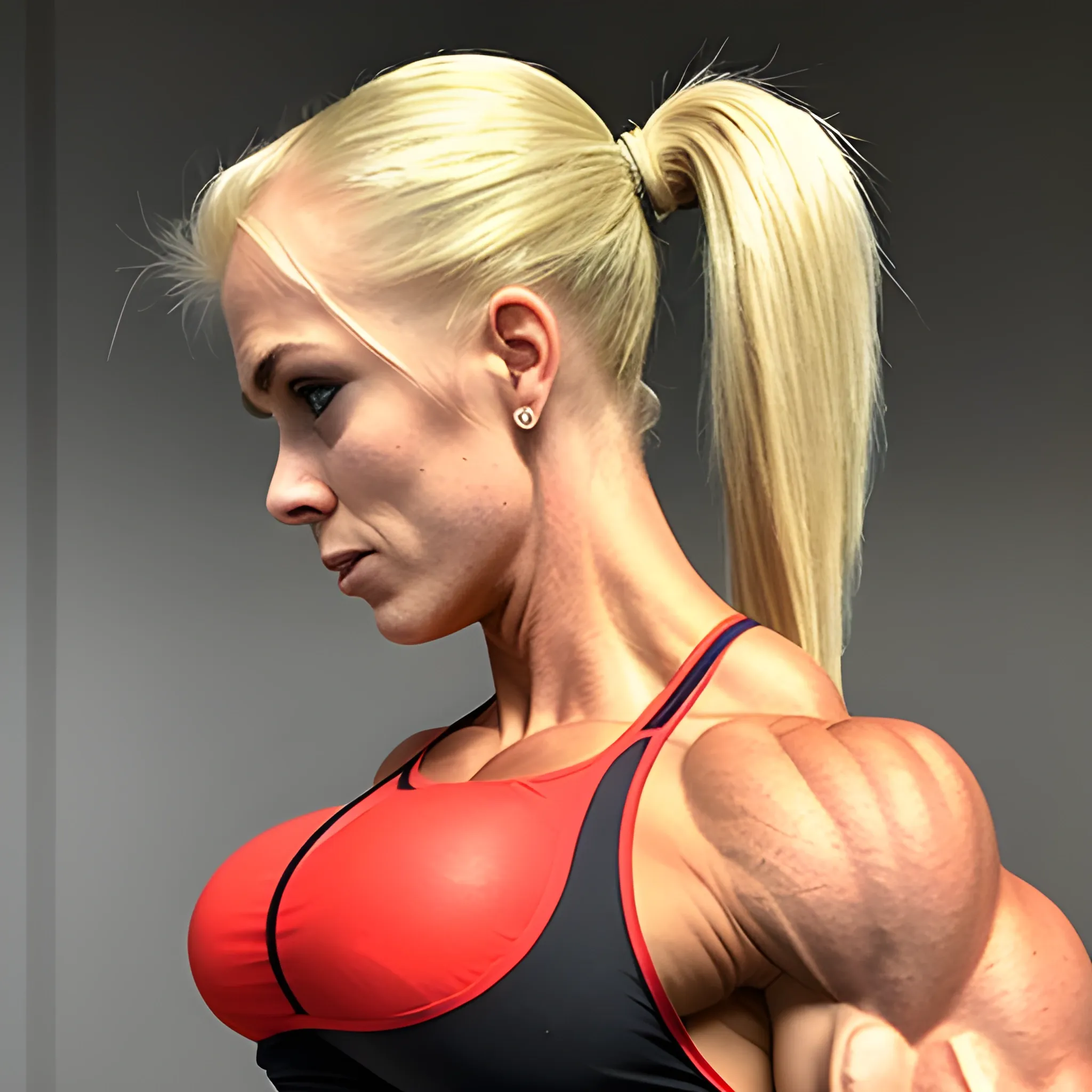 25 year-old,  female figure competitor, with blonde ponytail,  breast implants, extreme bicep peak