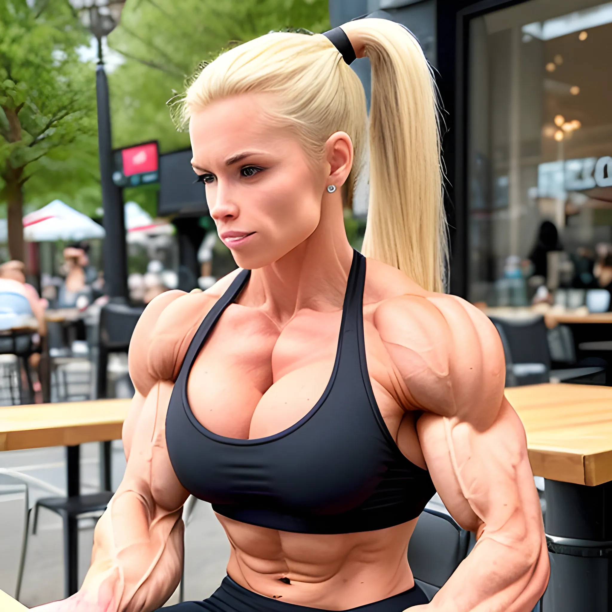 25 year-old,  female figure competitor, with blonde ponytail,  breast implants, extreme bicep peak, sitting at outdoor cafe