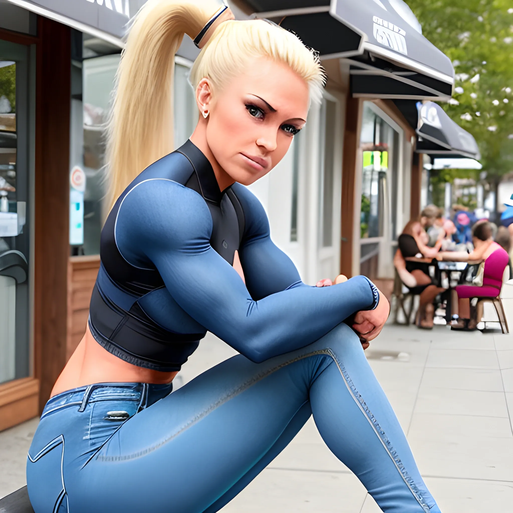 25 year-old,  female figure competitor, with blonde ponytail,  breast implants, extreme bicep peak, wearing tight denim jeans, sitting at outdoor cafe