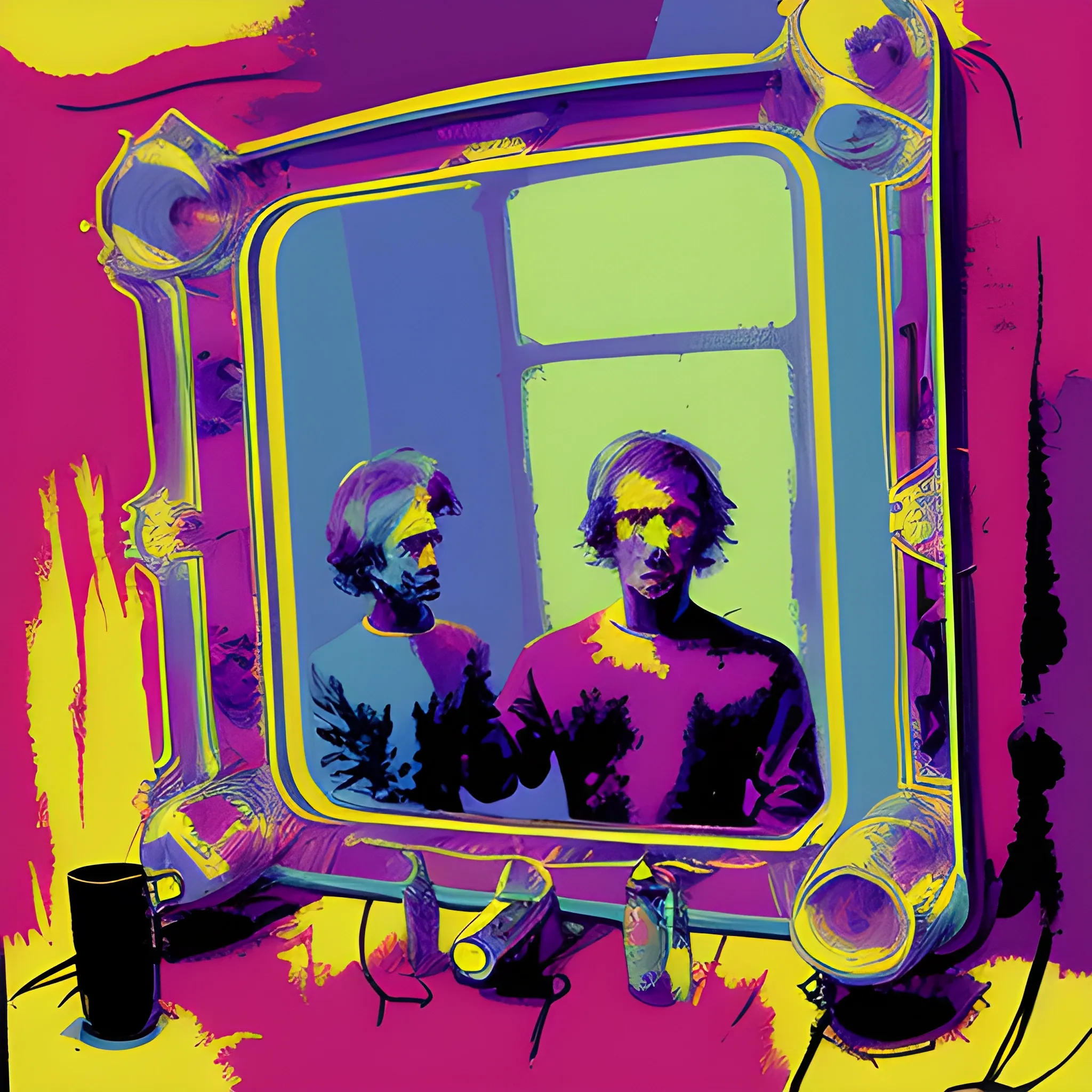 Reflective double-sided mirror; ADHD struggles vs. Asperger's beauty; painterly complexity portrays conditions; prompts contemplation of focus choice; evocative and introspective, Cartoon, Trippy, by paul lehr and warhol