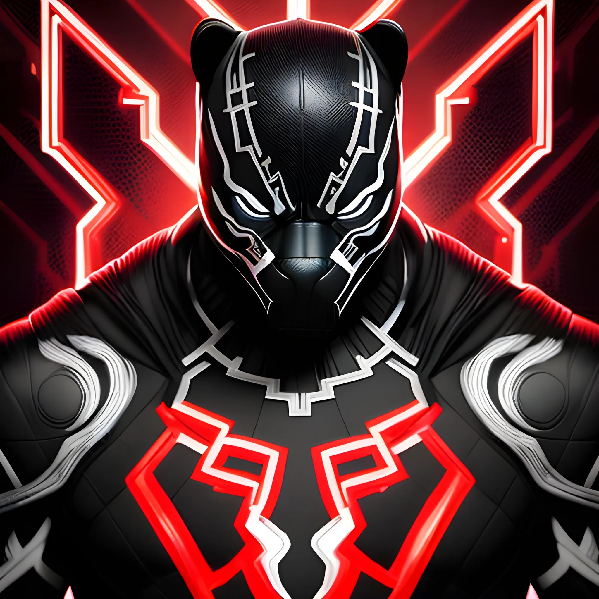  A detailed and intricate digital art piece in a cinematic style, this ultra high resolution portrait of a powerful black panter is a true masterpiece use the red and white suit carrying mijlnir thor hammer. The beautiful lighting and playful design make it a trend-setter on ArtStation. A true award-winning work., fullbody

