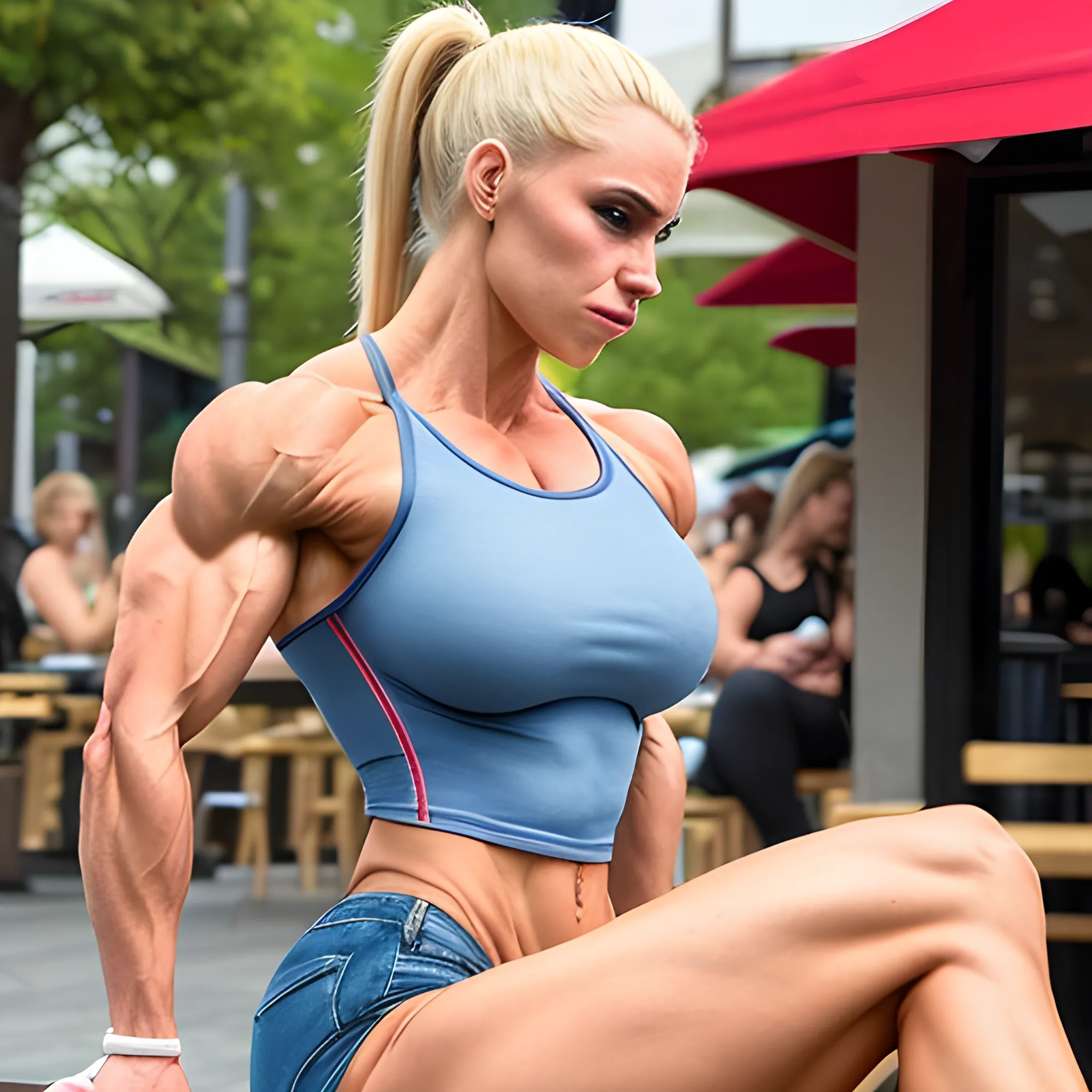 25 year-old,  female figure competitor, with blonde ponytail,  breast implants, extreme bicep peak, wearing tight denim shorts, sitting at outdoor cafe