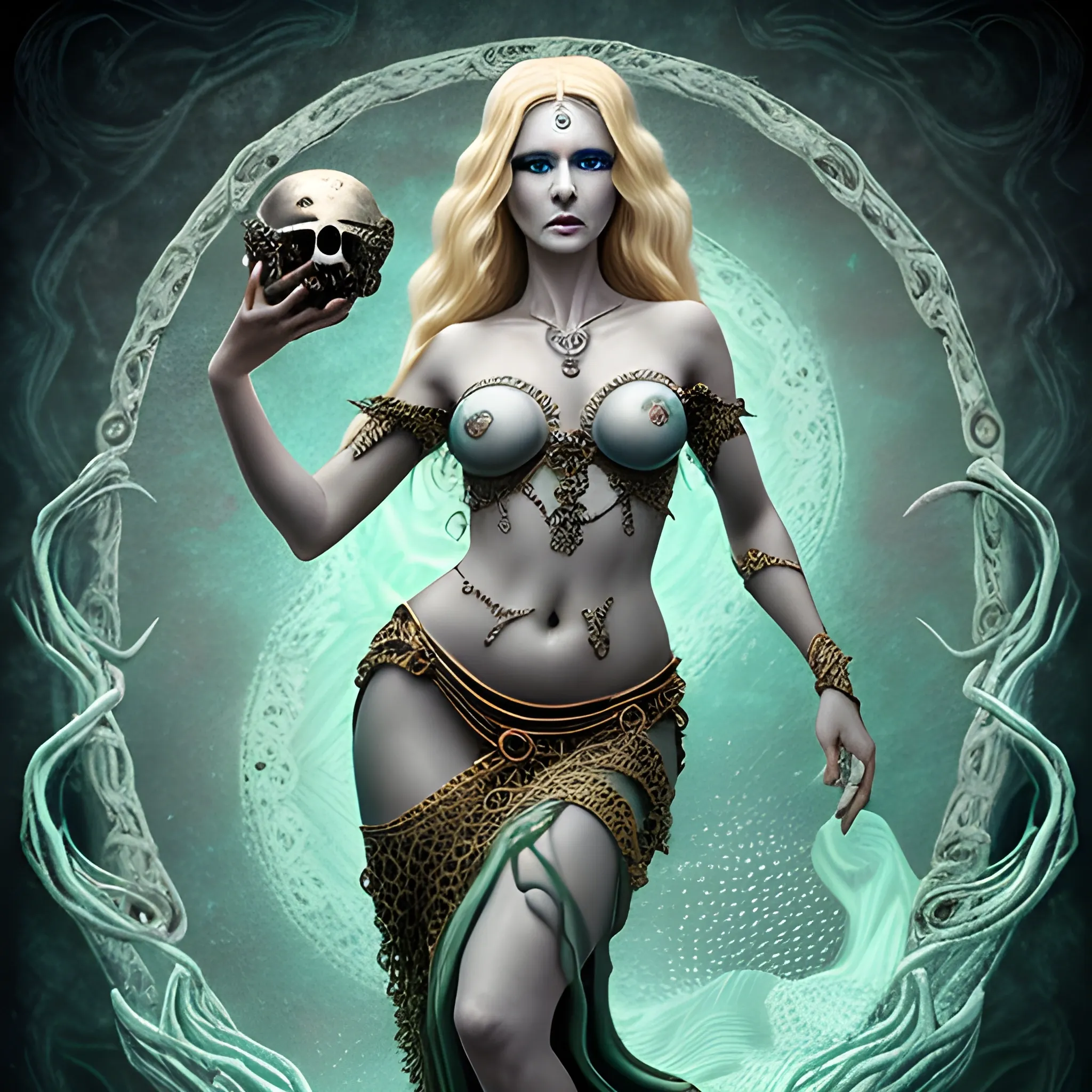 Ancient  Goddess Hecate, as an evil sea siren emerging from the sea, fair skin, curly blonde hair, grey-green eyes, smoky dark eye makeup, draped in dark clothes made of seaweed and pearl and fishnet, she is slender curvy, magic, sea siren, powerful divine feminine, ancient magic, gold baubles, pearls, sea weed, lace, starfish, holding keys and a skull, Trippy