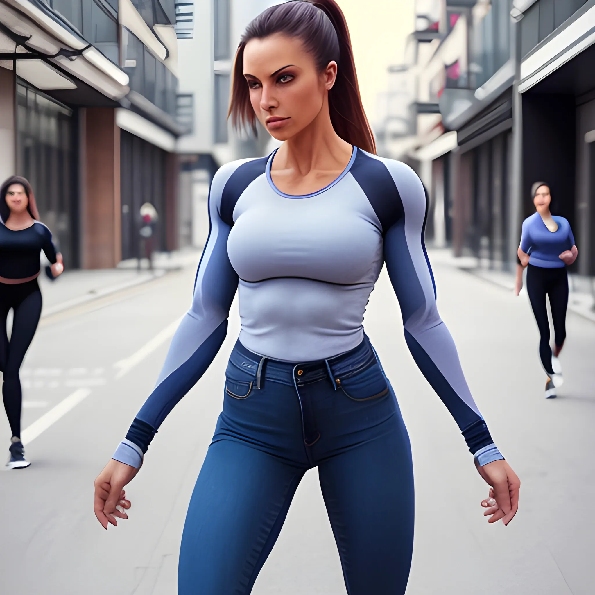 hyper-fit woman, above average musculature, wearing tight denim jeans, wearing tight long sleeve shirt, walking on street, view from front