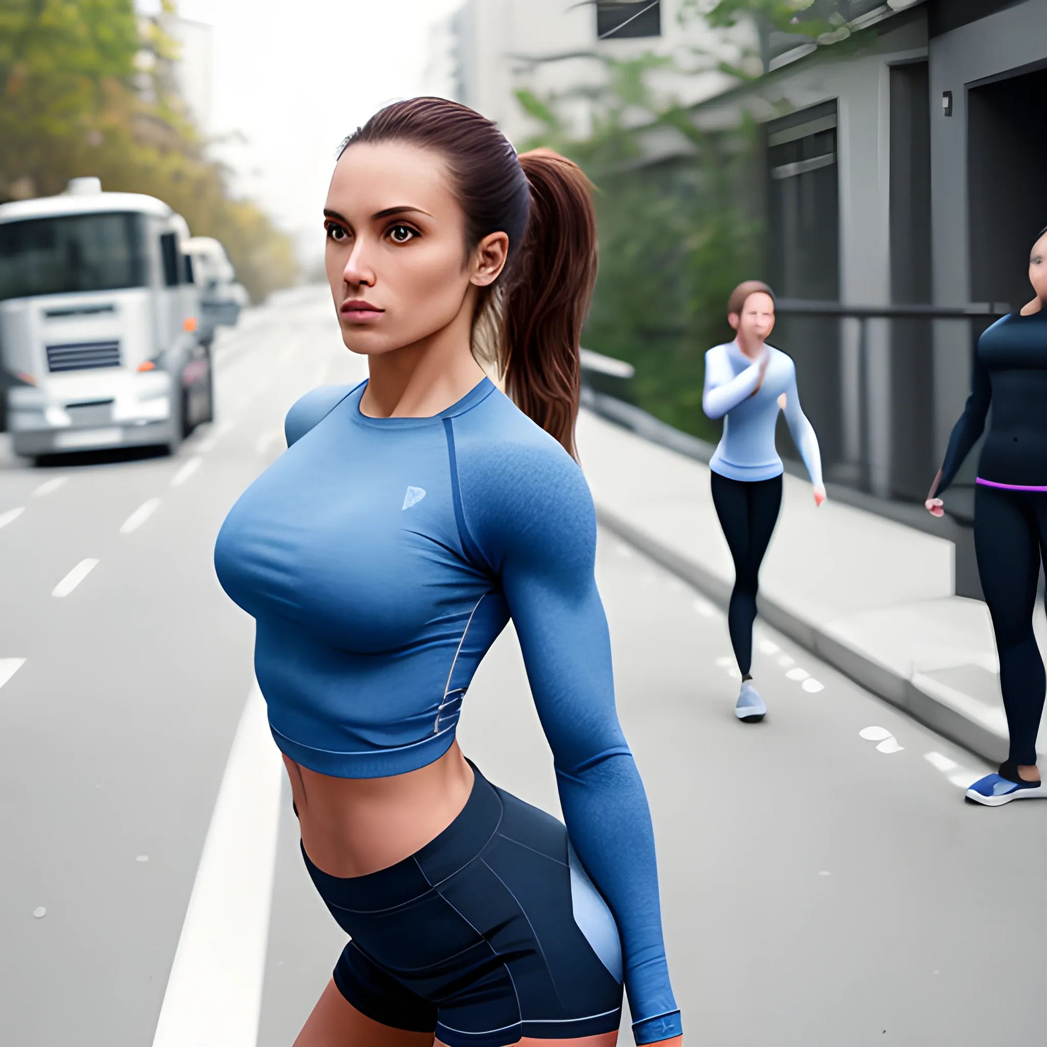 hyper-fit woman, above average musculature, wearing tight denim shorts, wearing tight long sleeve shirt, jogging on street, view from front