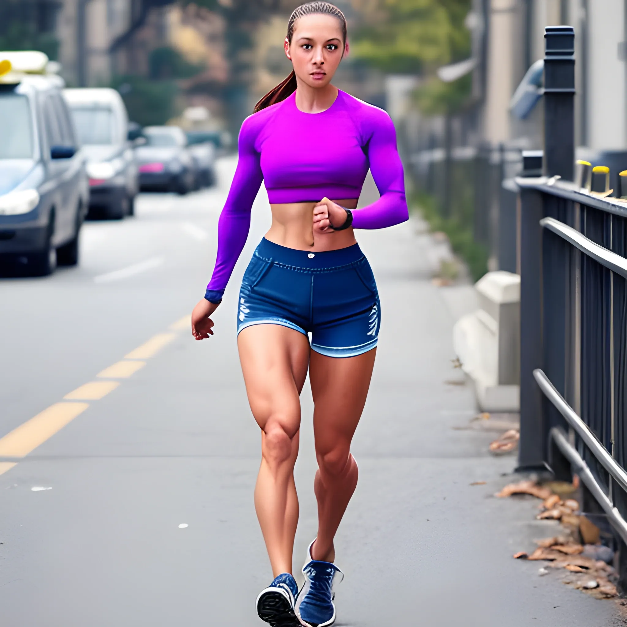 hyper-fit woman, above average musculature, wearing tight denim shorts, wearing tight long sleeve shirt, jogging on street, view from front