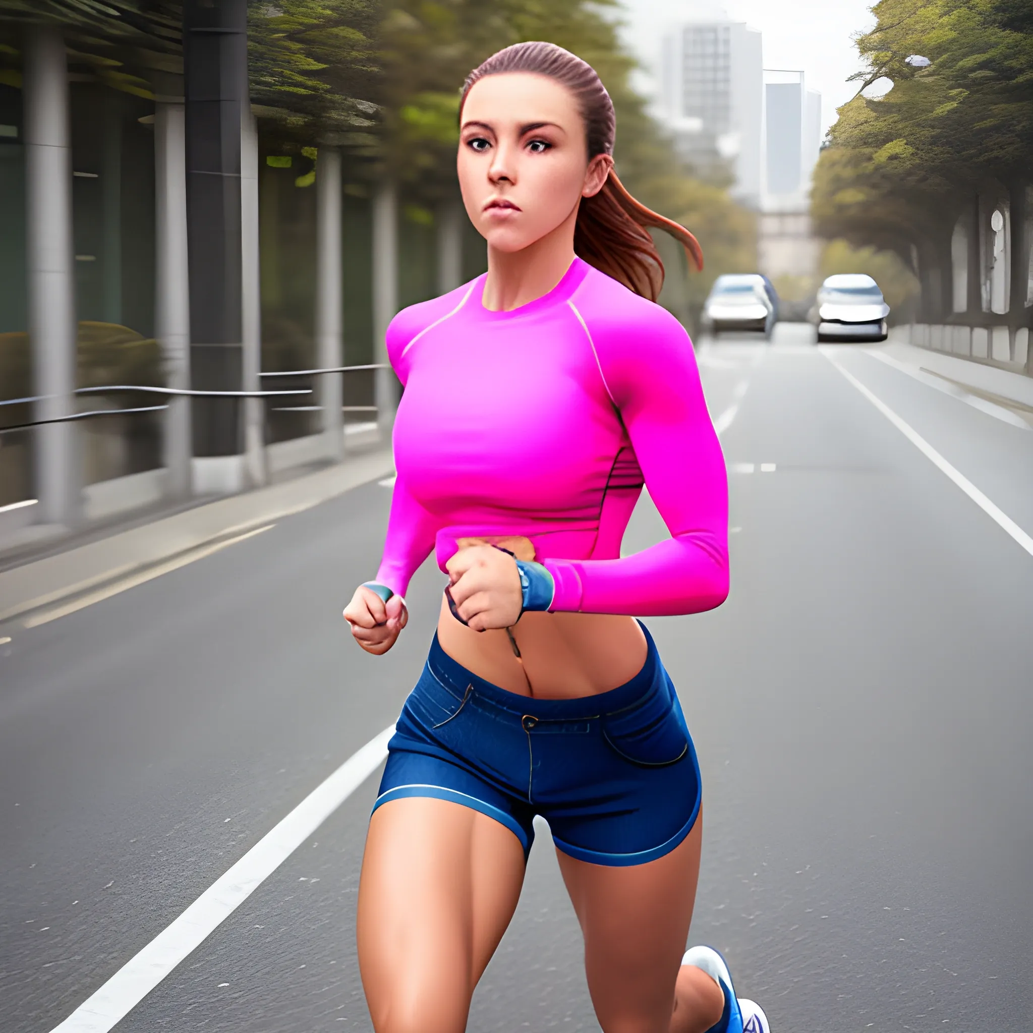 hyper-fit woman, above average musculature, wearing tight denim shorts, wearing tight long sleeve shirt, running on street, view from front