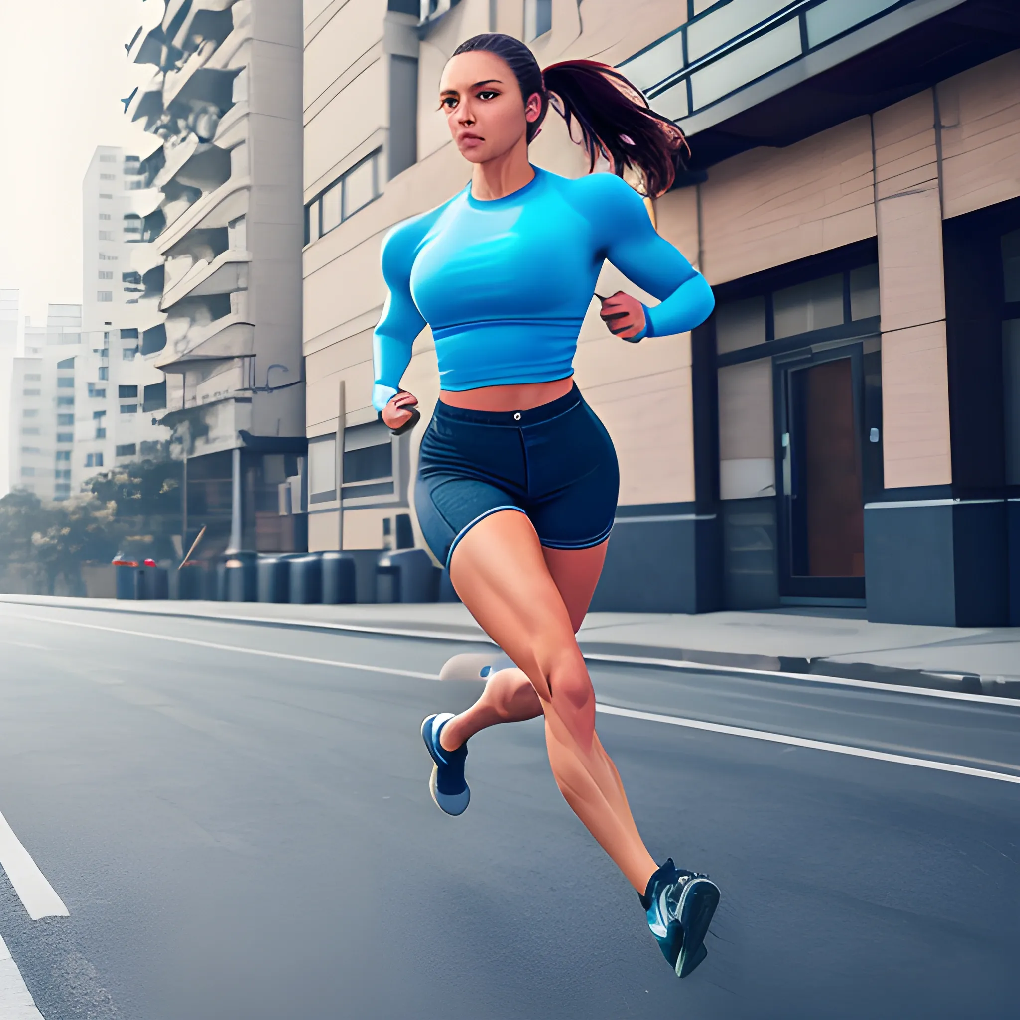 hyper-fit woman, above average musculature, wearing tight denim shorts, wearing tight long sleeve shirt, running on street, view from front