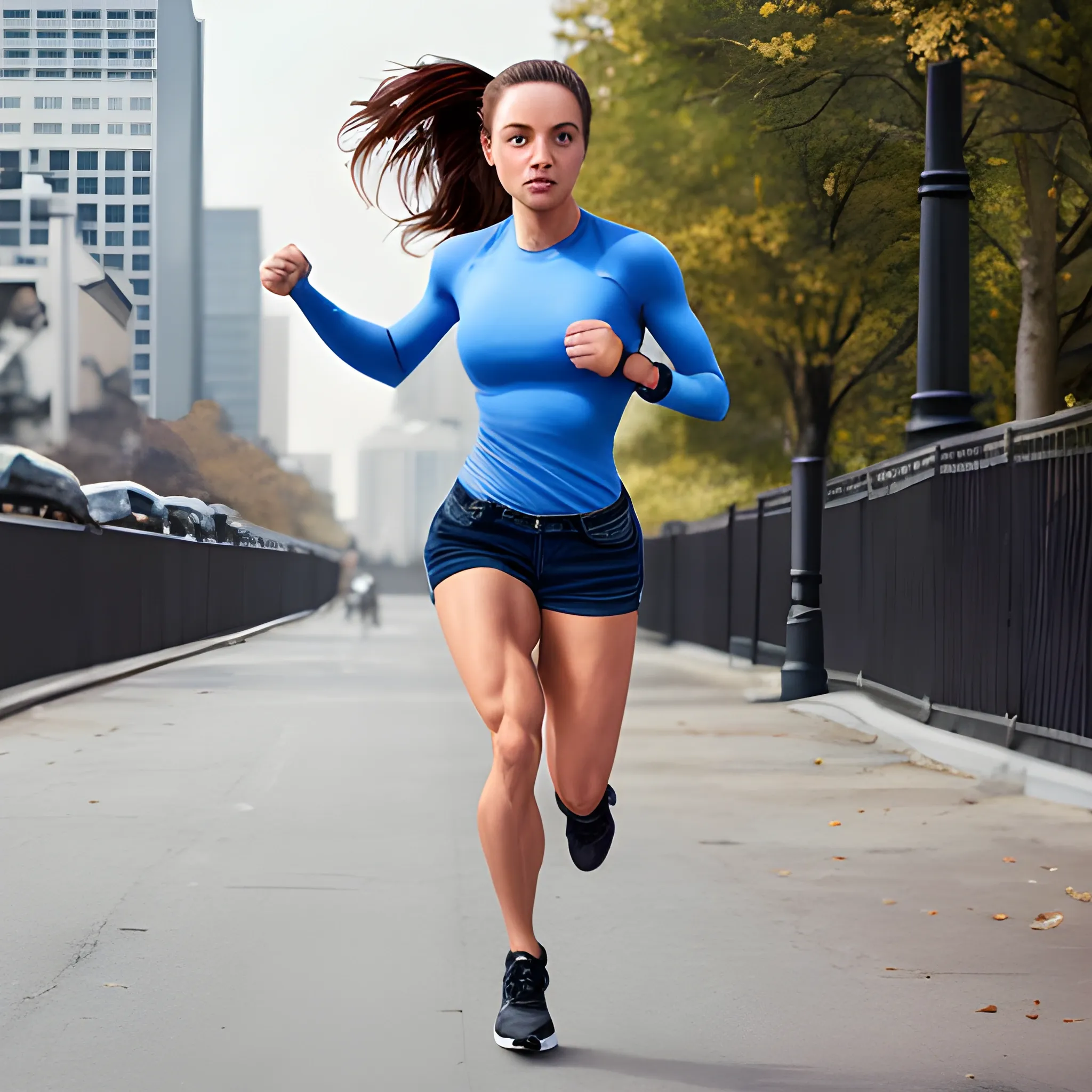 hyper-fit woman, above average musculature, wearing tight denim shorts, wearing tight long sleeve shirt, running on street, view from front