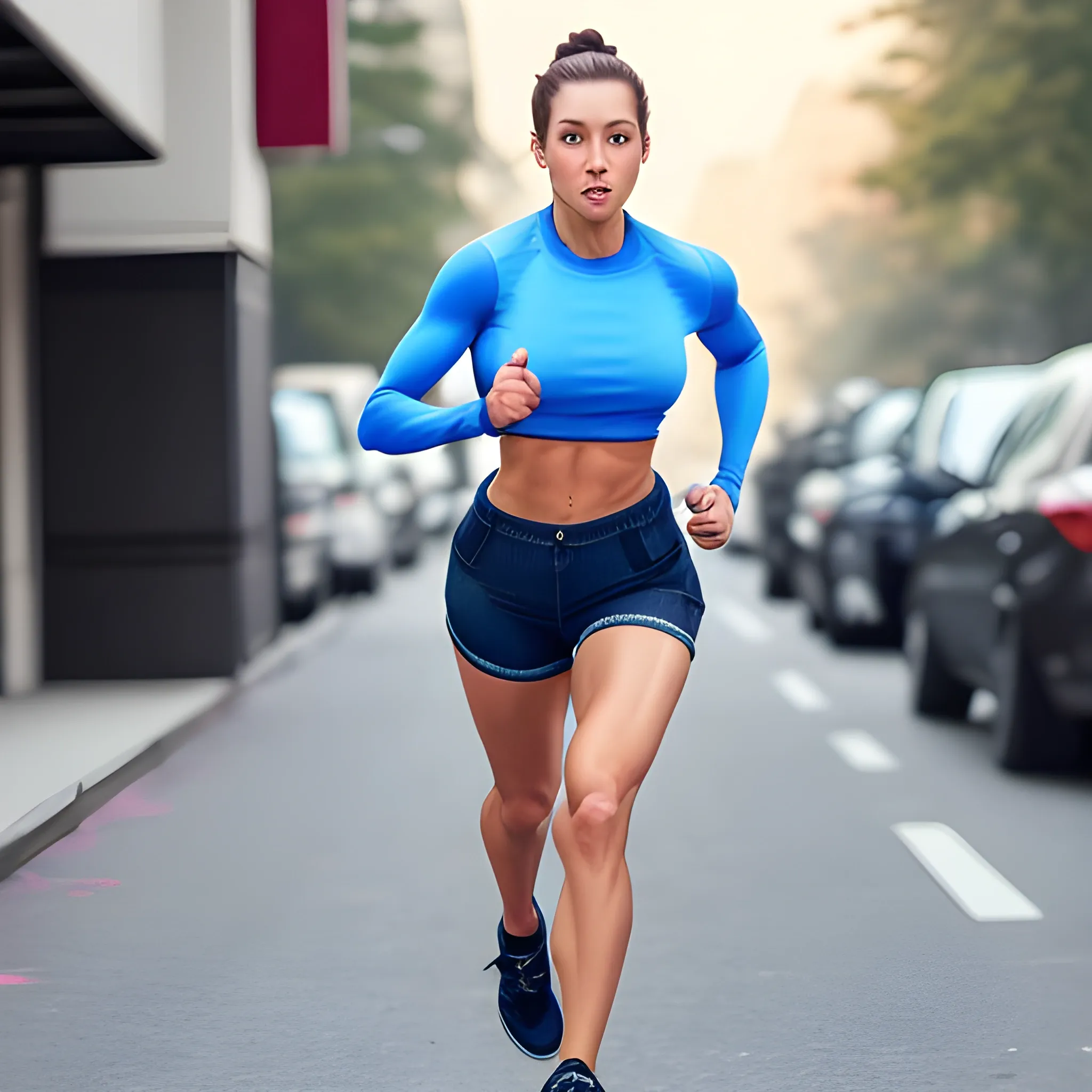 hyper-fit woman, above average musculature, wearing tight denim shorts, wearing tight long sleeve shirt, running on street, view from front