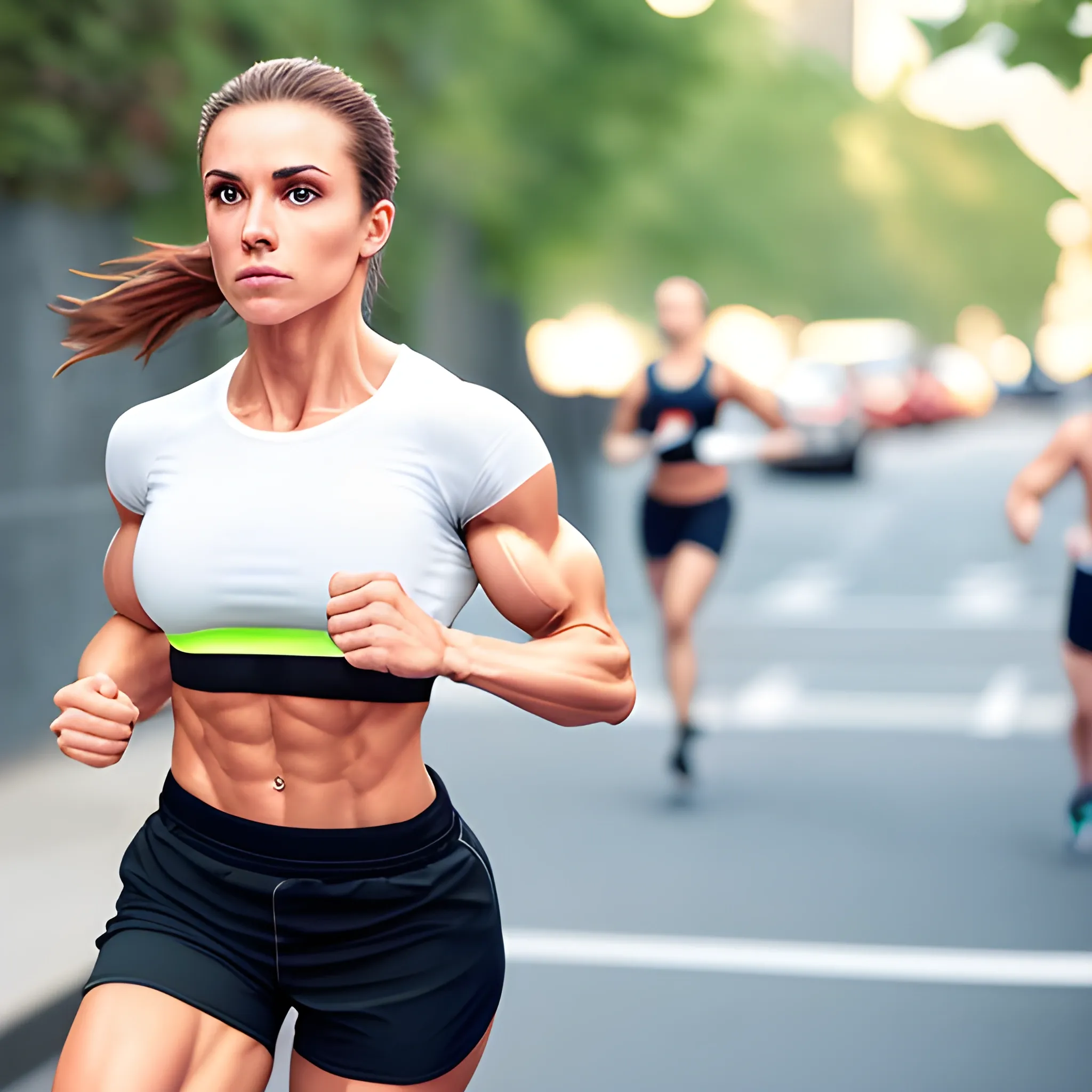 hyper-fit woman, above average musculature, large biceps, wearing tight shorts, wearing tight short sleeve shirt, running on street, view from front