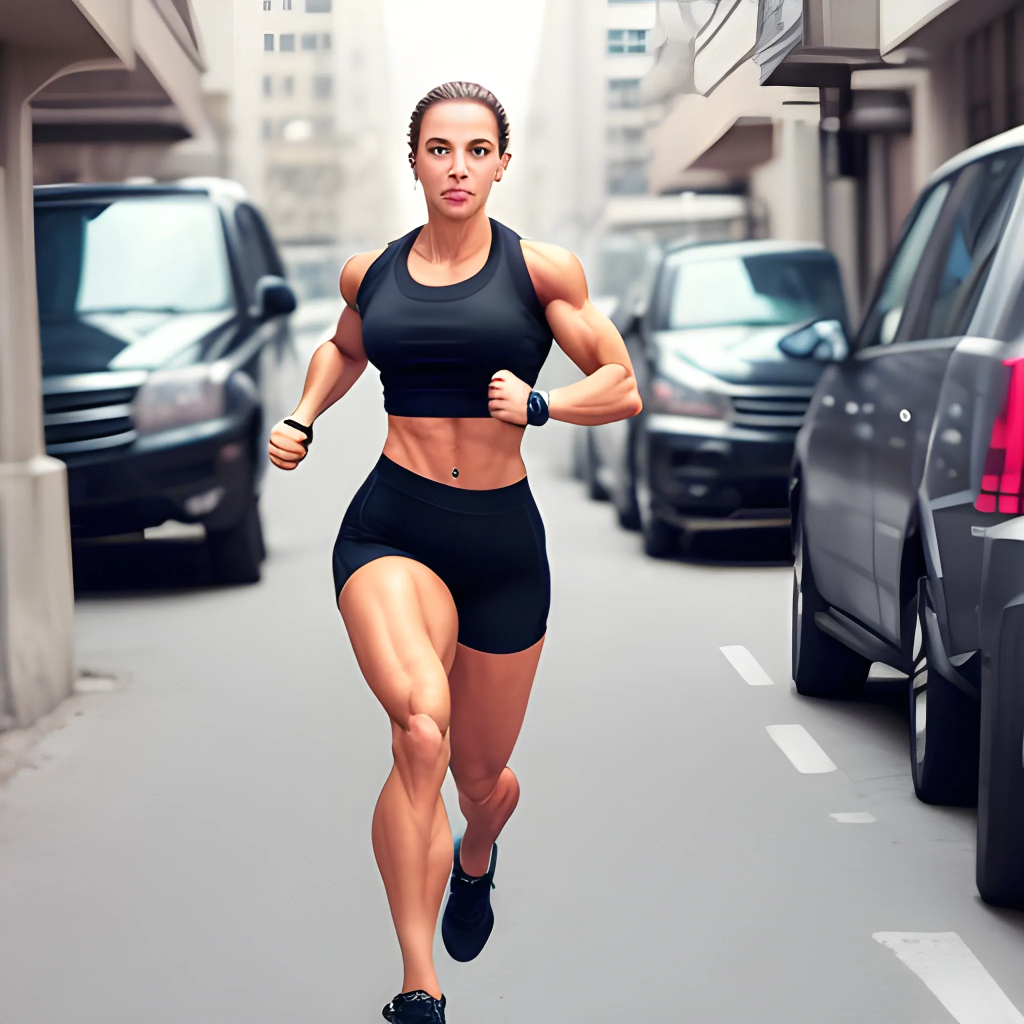 hyper-fit woman, above average musculature, large biceps, wearing tight shorts, wearing tight short sleeve shirt, running on street, view from front