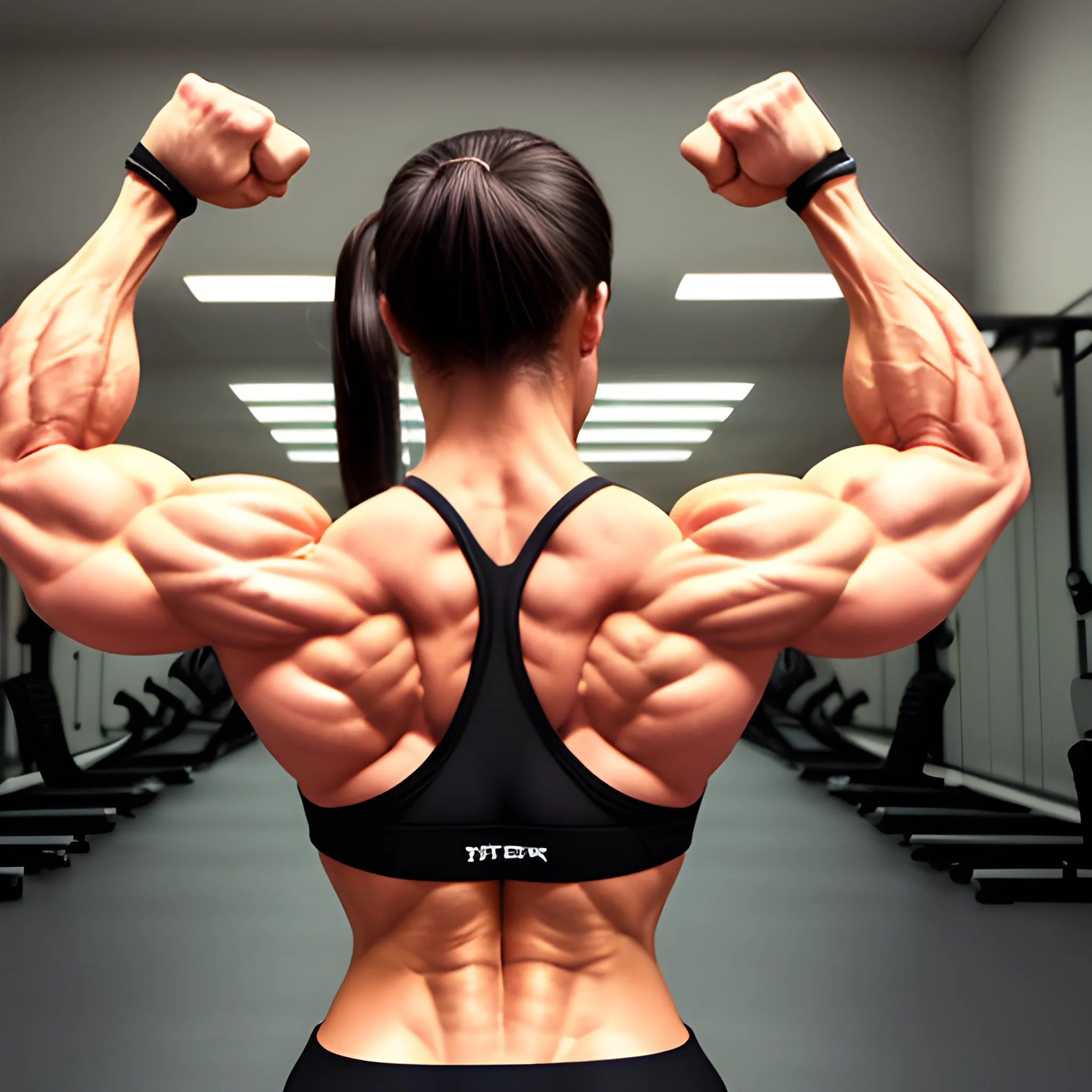 hyper-fit woman, above average musculature, very wide back, larg