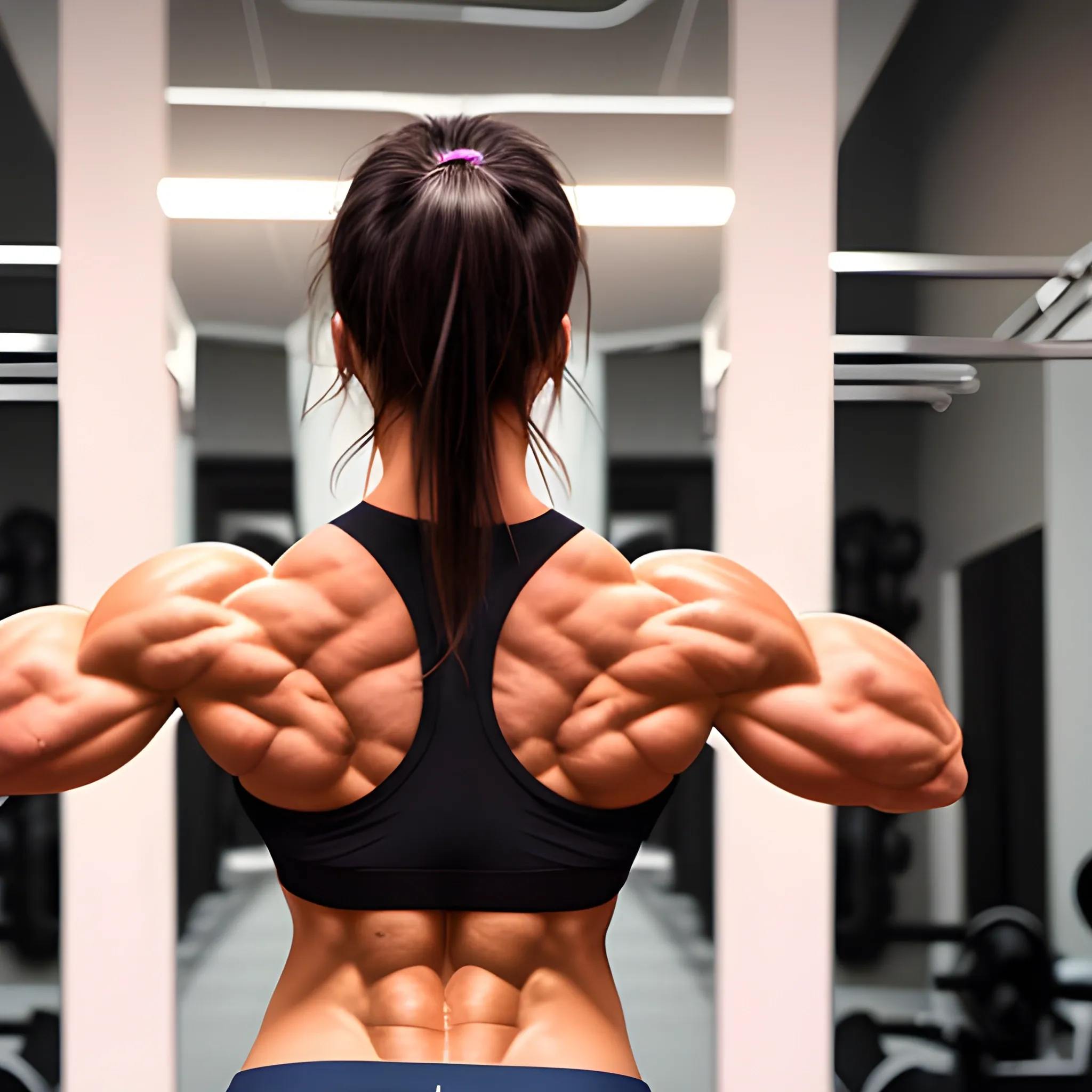 hyper-fit woman, above average musculature, very wide back, larg