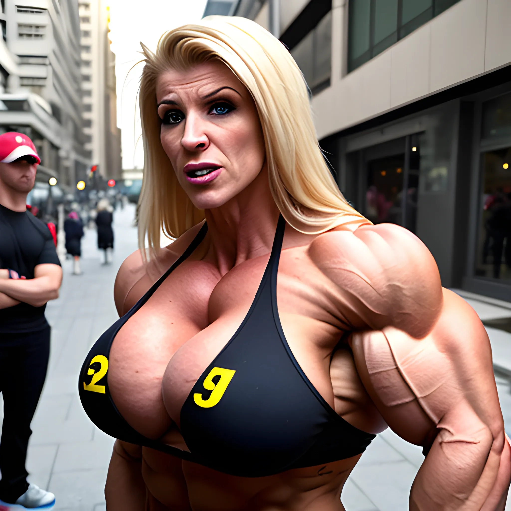 unreal supersize  female bodybuilder, talking on street