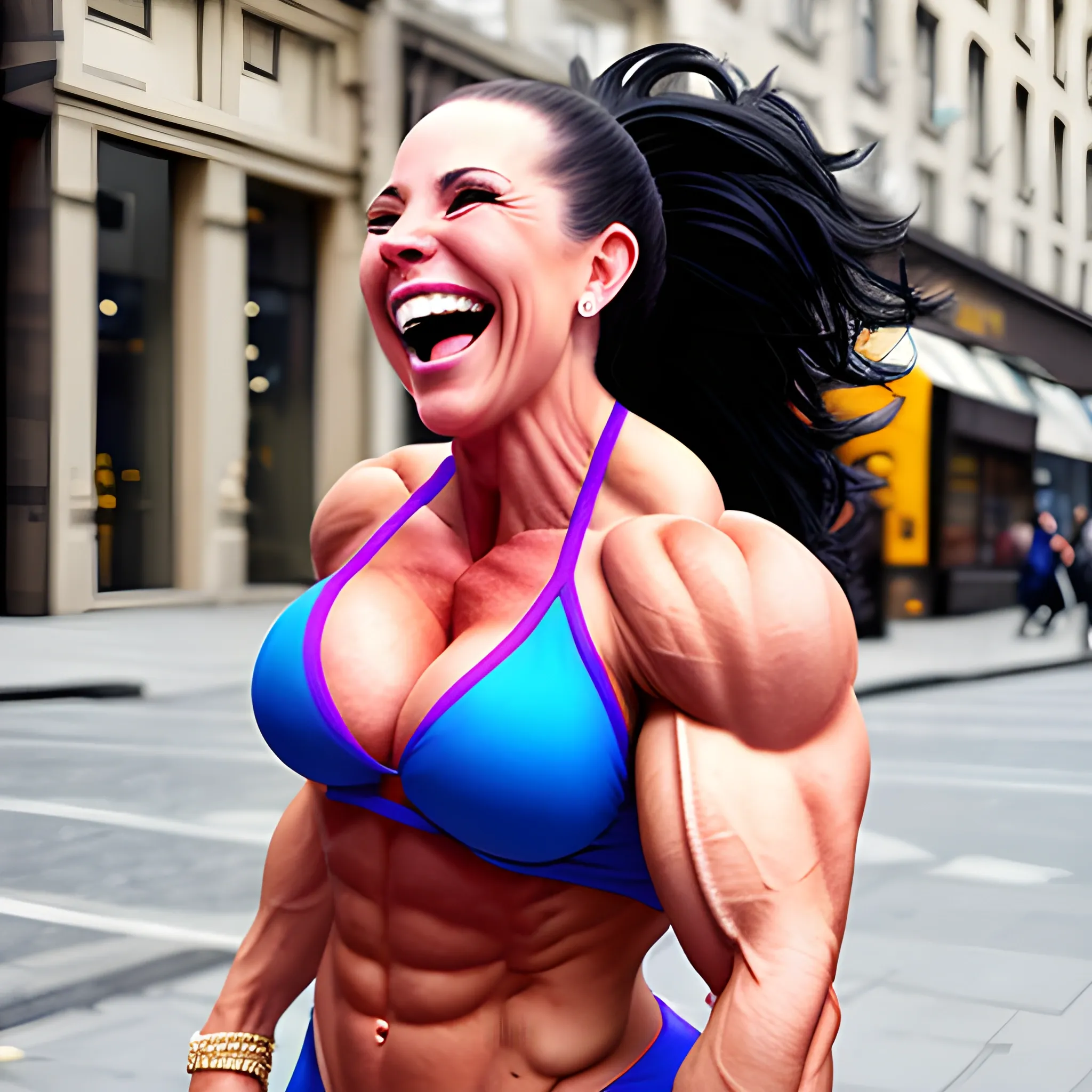 unreal supersize  female bodybuilder, laughing on street