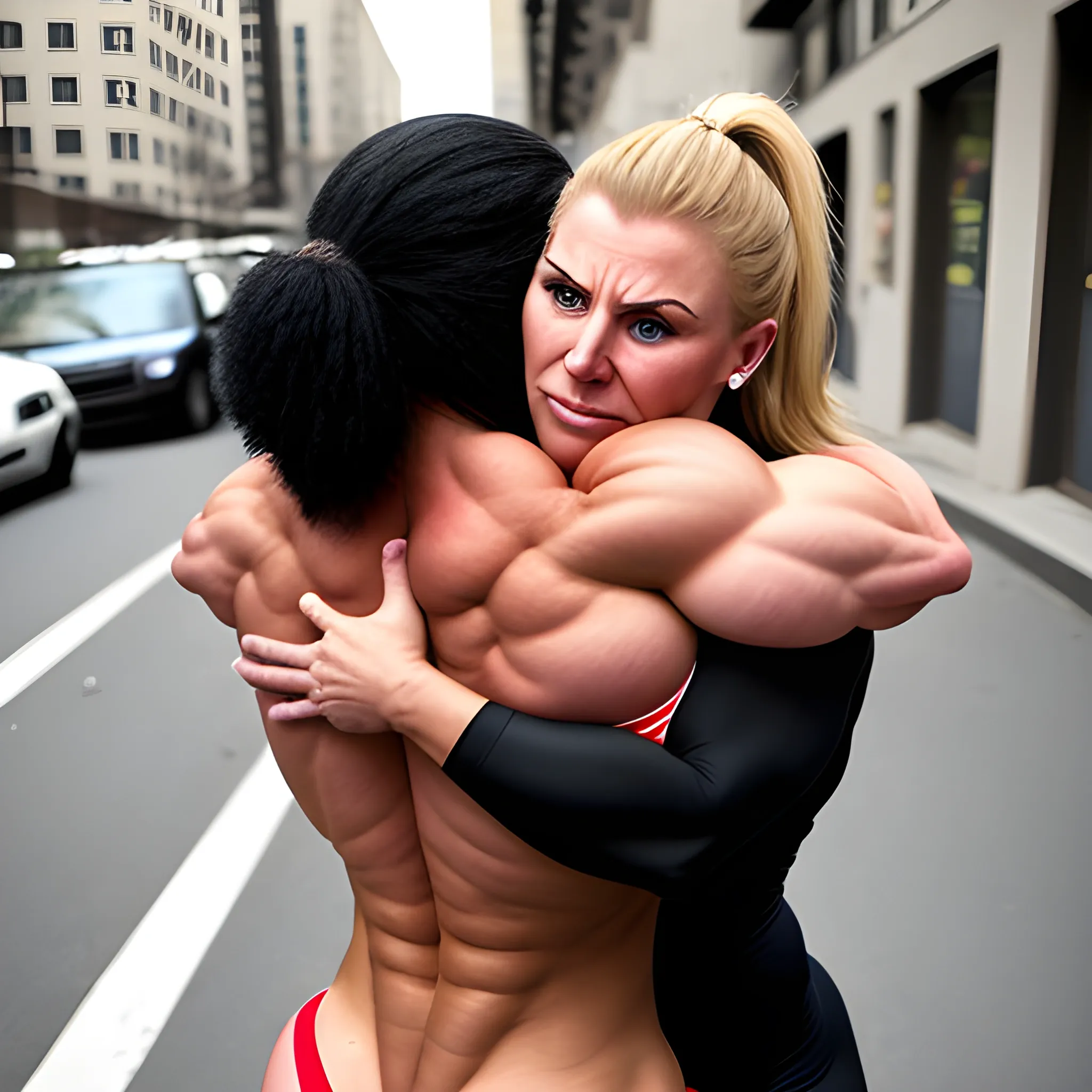 unreal supersize  female bodybuilder, hugging  on street