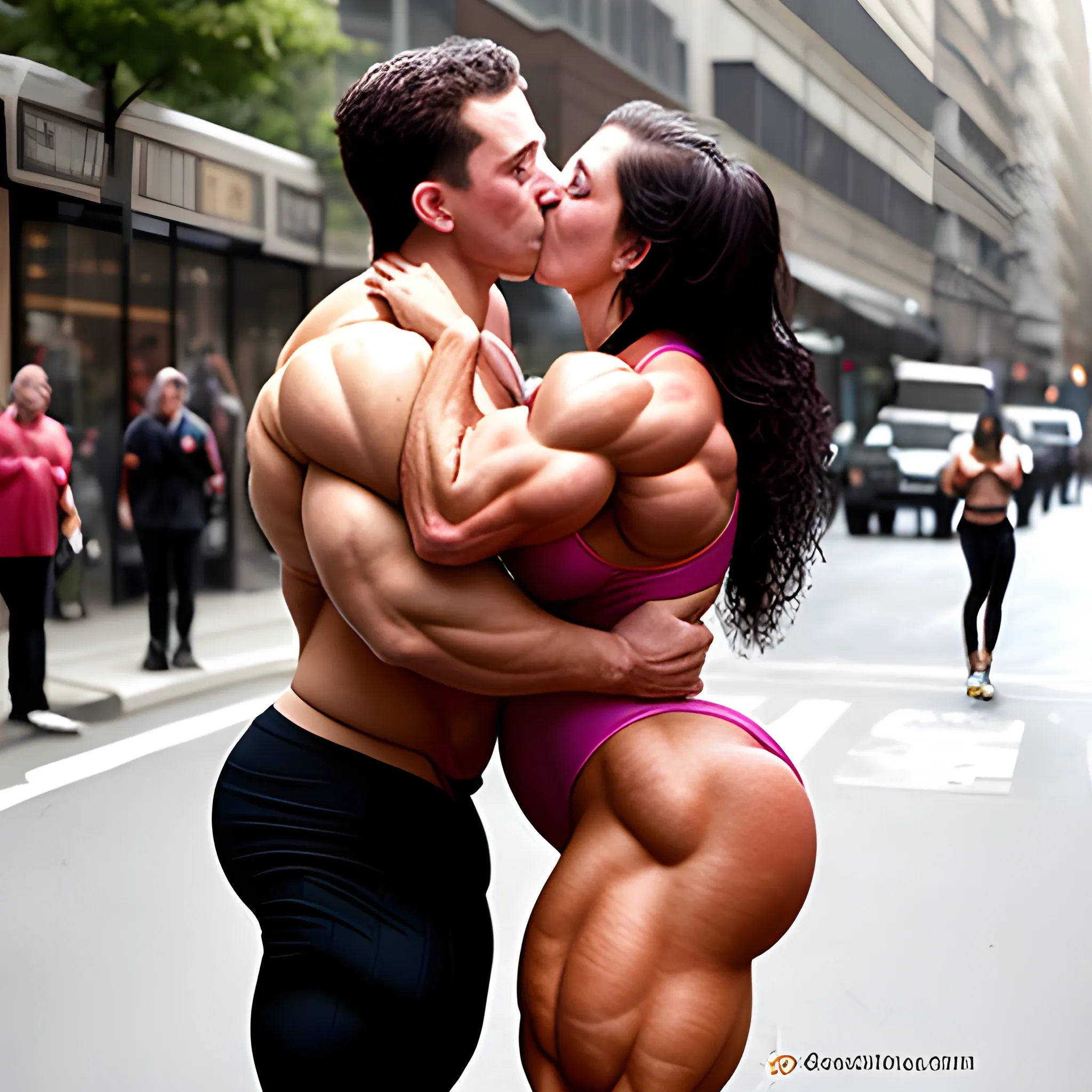 unreal supersize  female bodybuilder, kissing on street