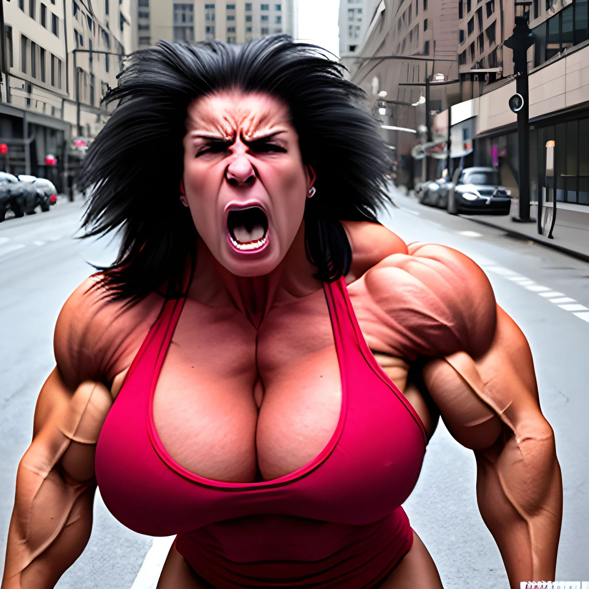 unreal supersize  female bodybuilder, super angry rage on street