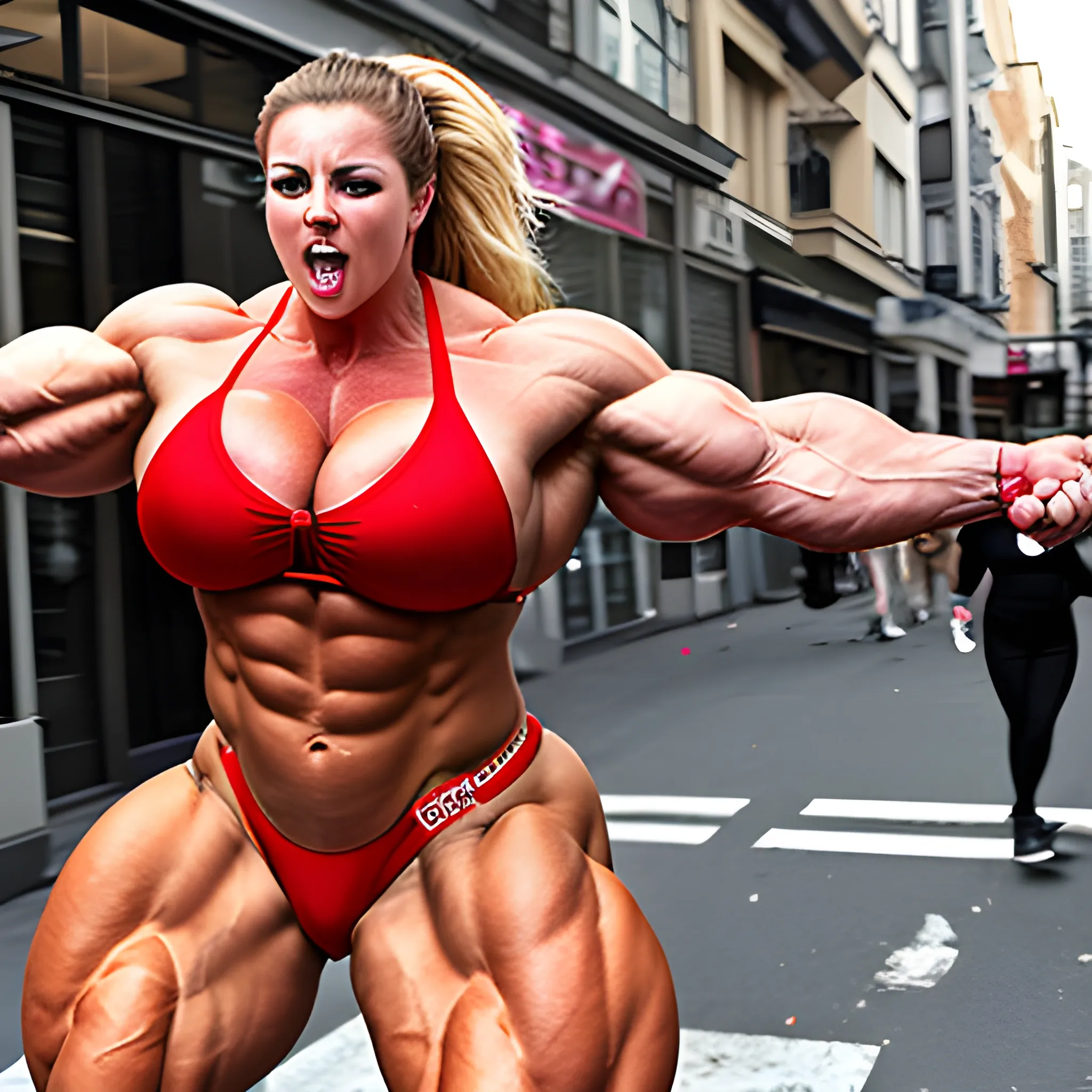 unreal supersize  female bodybuilder, attacking on street