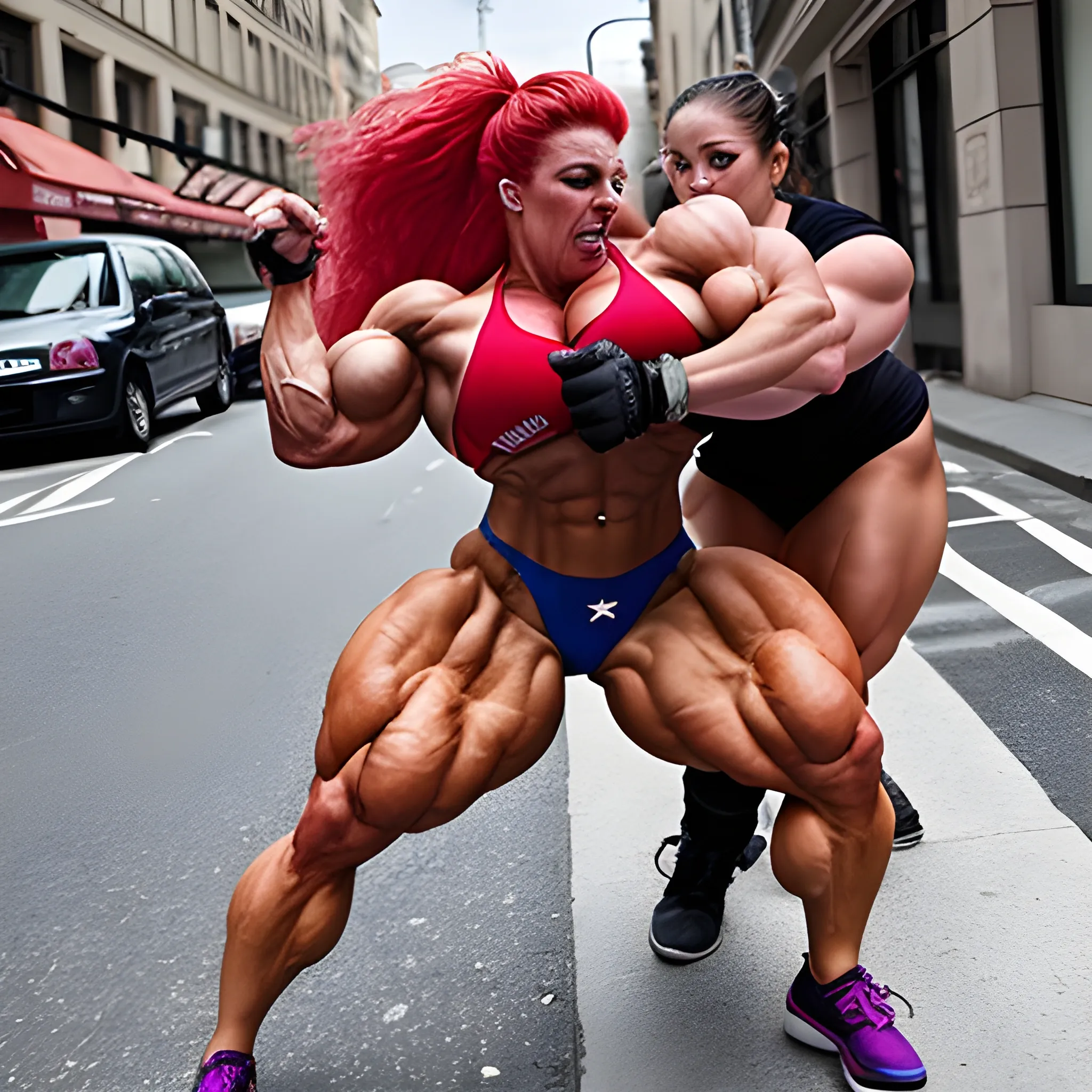 unreal supersize  female bodybuilder, attacking someone on street