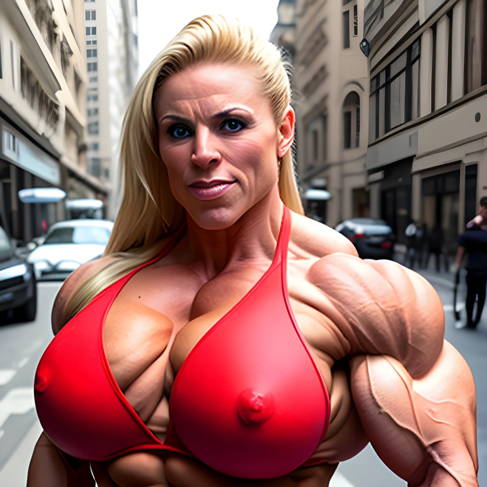 unreal supersize  female bodybuilder, showing muscles to someone on street