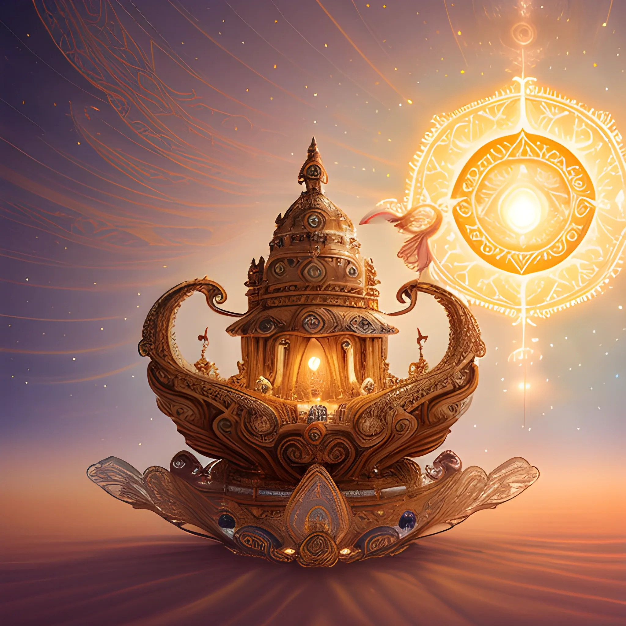 Title: "Celestial Journey: Pushpaka Vimana"

Description:
Amidst an ethereal sky filled with wisps of celestial hues, a majestic Pushpaka Vimana soars gracefully, its intricate details shining with divine luminescence. The background shimmers with spiritual energy, hinting at the realms beyond mortal sight.

The Pushpaka Vimana itself is a marvel to behold, adorned with intricate carvings and flowing patterns that seem to dance with the wind. Its form is both ancient and futuristic, embodying the mystique of a celestial chariot.

Within the heart of the Vimana stands a solitary soul, bathed in a radiant white light that emanates from every corner of this divine vehicle. The figure exudes tranquility and wisdom, a beacon of enlightenment amidst the celestial journey.

The entire scene is enveloped in a soft, all-encompassing glow of white divine light, casting a sense of peace and serenity upon the viewer. It is a glimpse into a realm where the material and spiritual intertwine, where the ancient Pushpaka Vimana carries souls on their transcendent voyage through the cosmos.