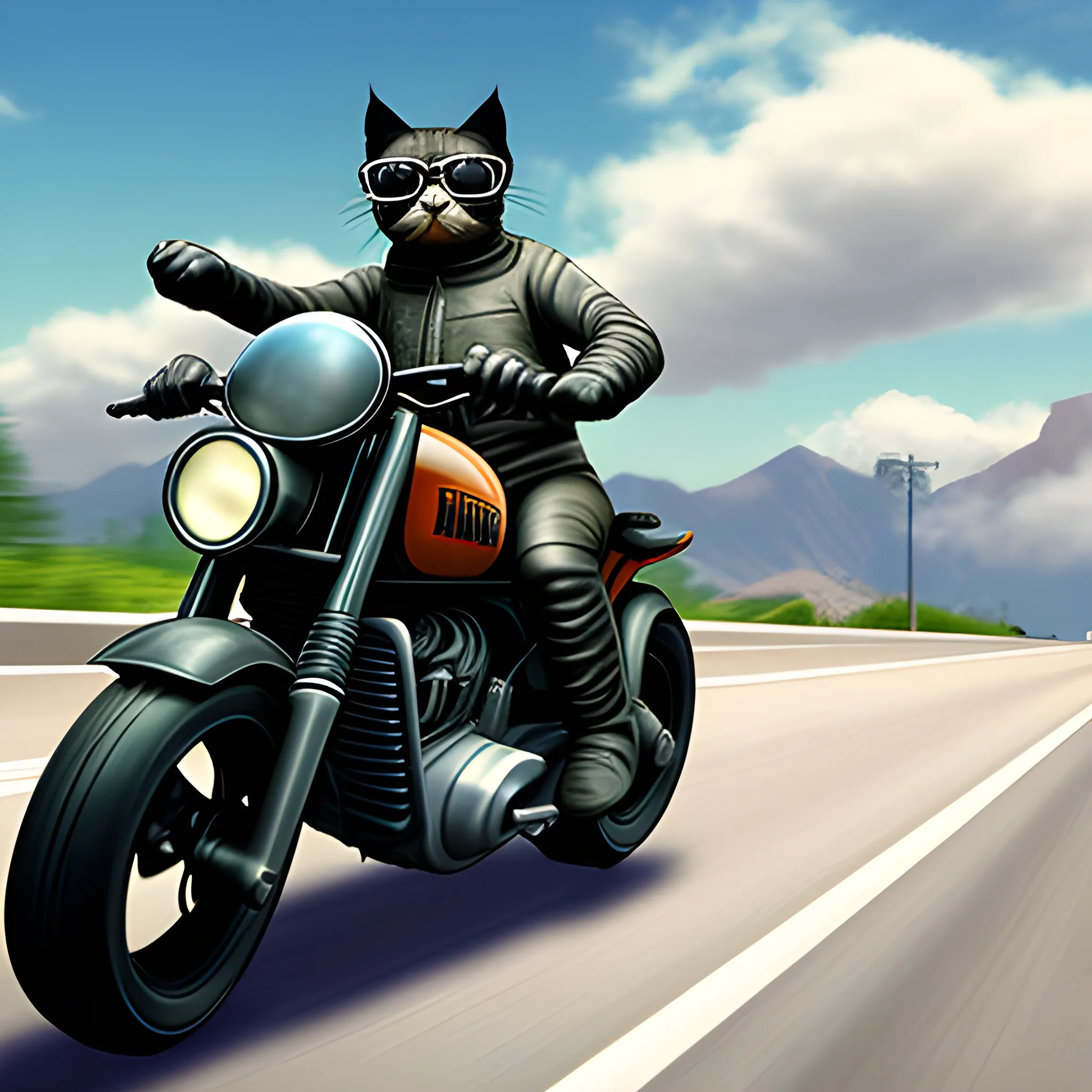 Realistic mode. A cat with a helmet and goggles driving a motorcycle at high speed on a highway