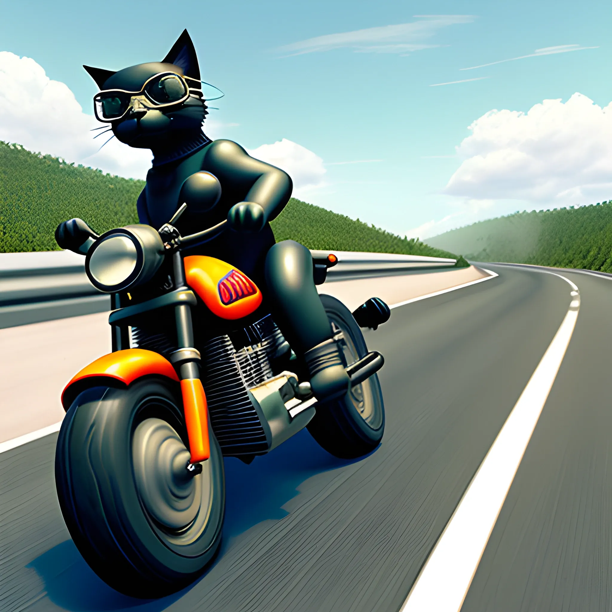 A cat with a helmet and goggles driving a motorcycle at high speed on a highway, Realistic mode. 